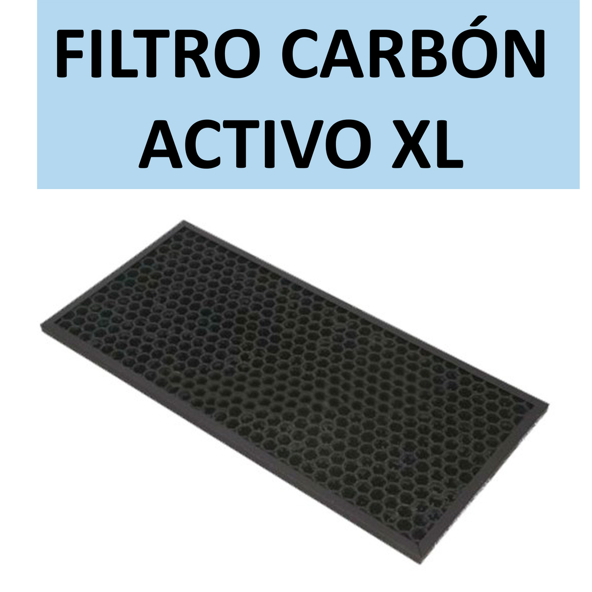 Un filtro dell'aria rettangolare nero con le parole 'FILTRO CARBON ACTIVO XL' scritte sopra.
