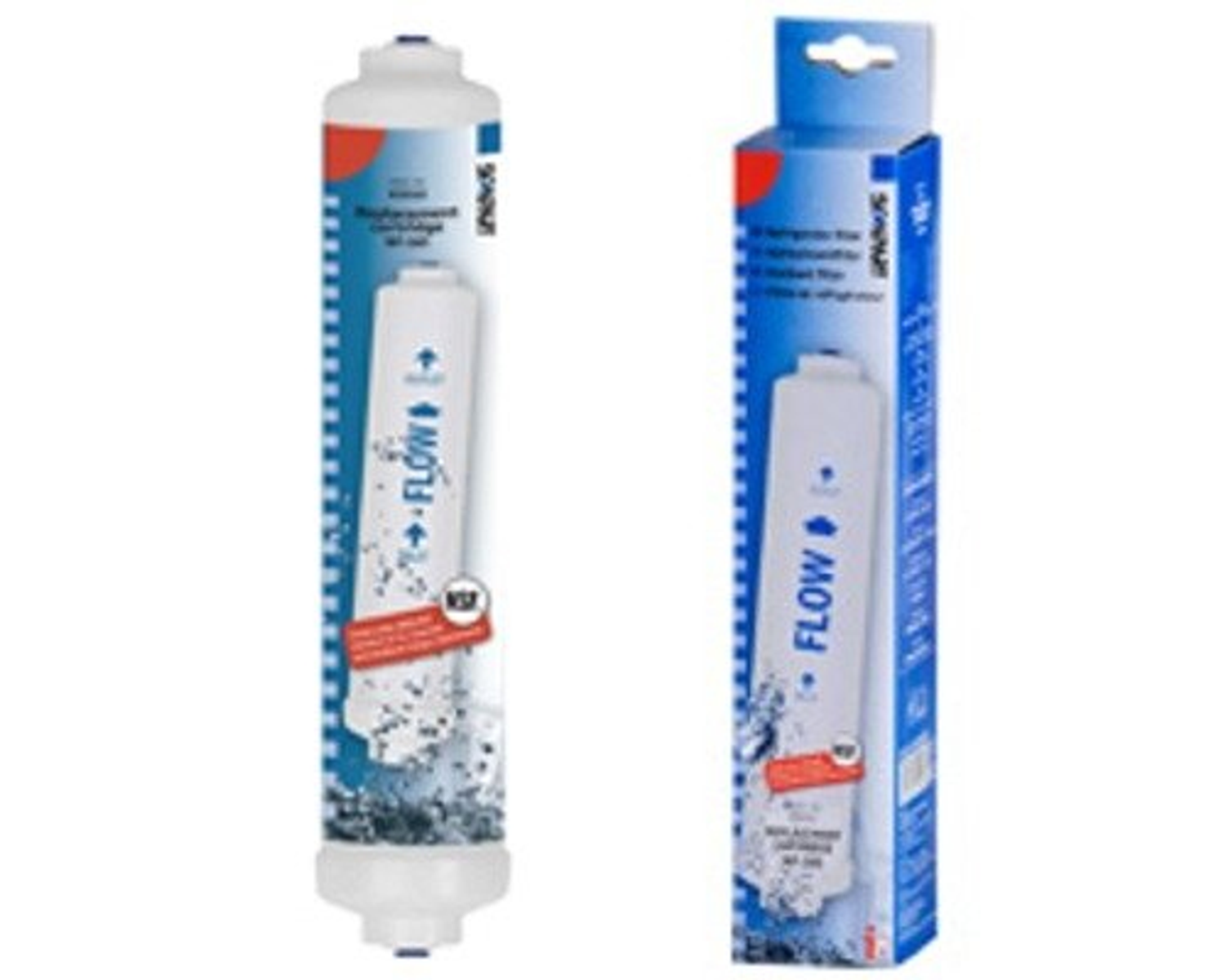 Due cartucce filtranti per acqua, una imballata, con marchio e freccia 'FLOW'. Sfondo bianco.