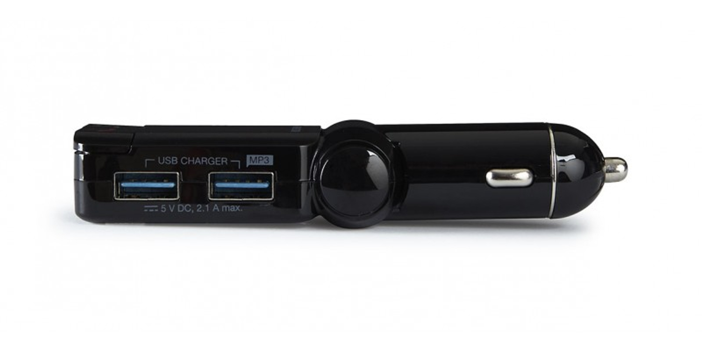 Un cargador de coche negro con dos puertos USB. Tiene un logotipo MP3 y '5 V DC, 2.1 A max'.