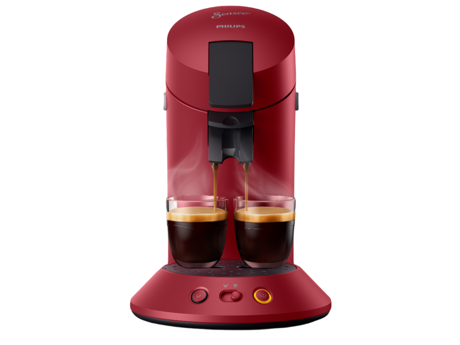 Macchina per caffè rossa con due bicchieri che si riempiono di caffè, vapore che sale.