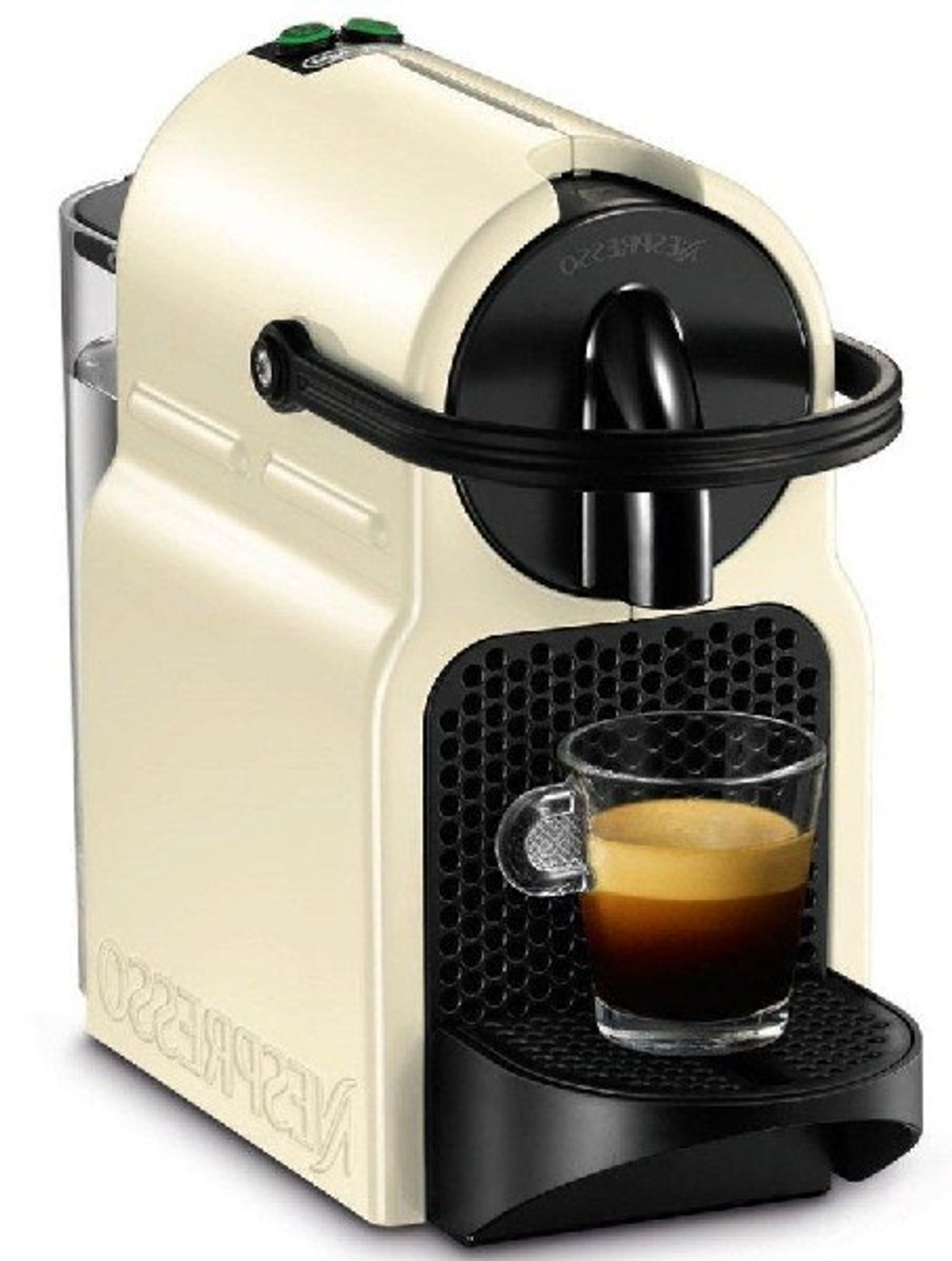 Kremowy ekspres do kawy Nespresso ze szklanką, czarne akcenty.