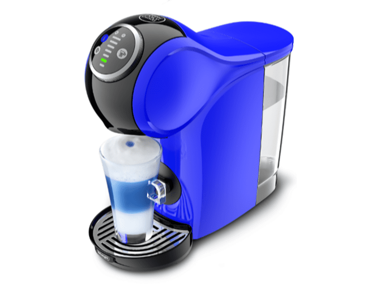 Blaue Kaffeemaschine mit einem Glas geschichteten Milch-Kaffee-Getränk.