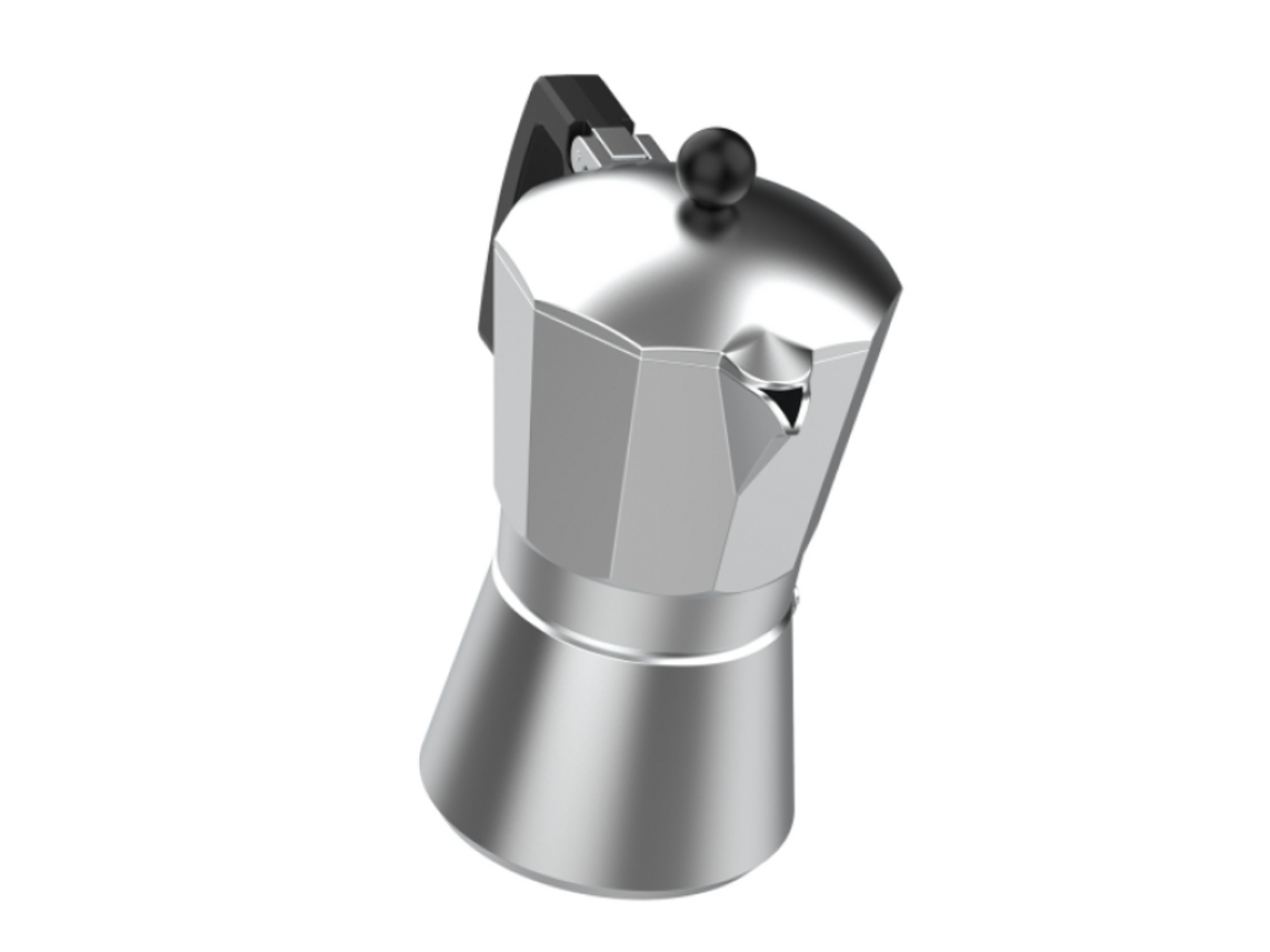 Srebrny ekspres do espresso na kuchenkę z czarnym uchwytem i pokrętłem, na białym tle.