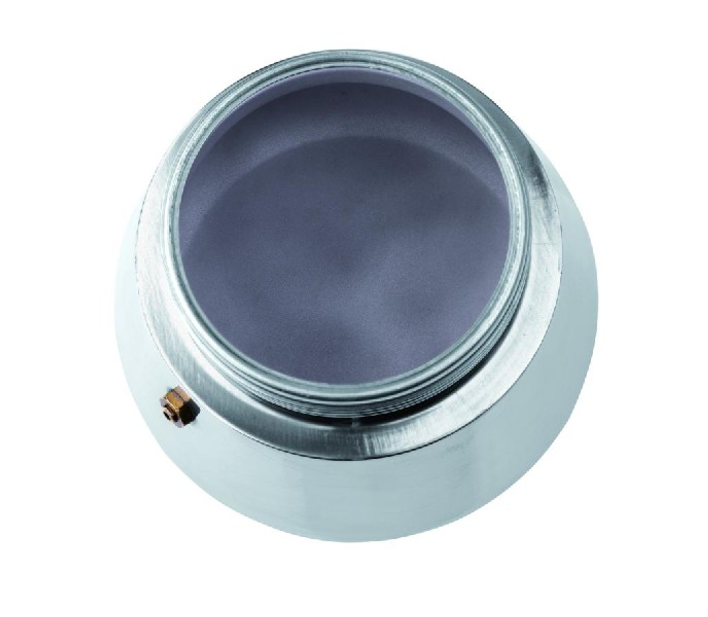 Widok z góry na błyszczący, srebrny ekspres do kawy moka. Wnętrze jest ciemnoszare.