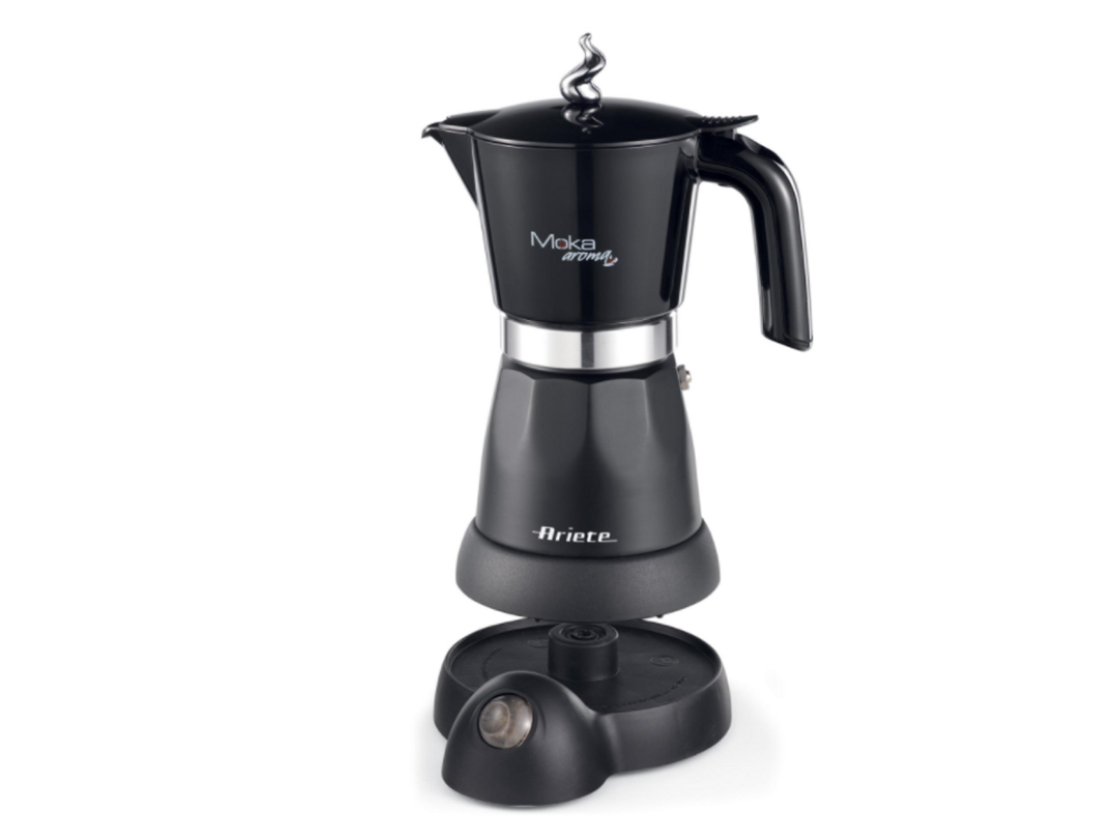 Schwarze Moka Aroma Kaffeemaschine mit Sockel, zerlegt auf weißem Hintergrund.