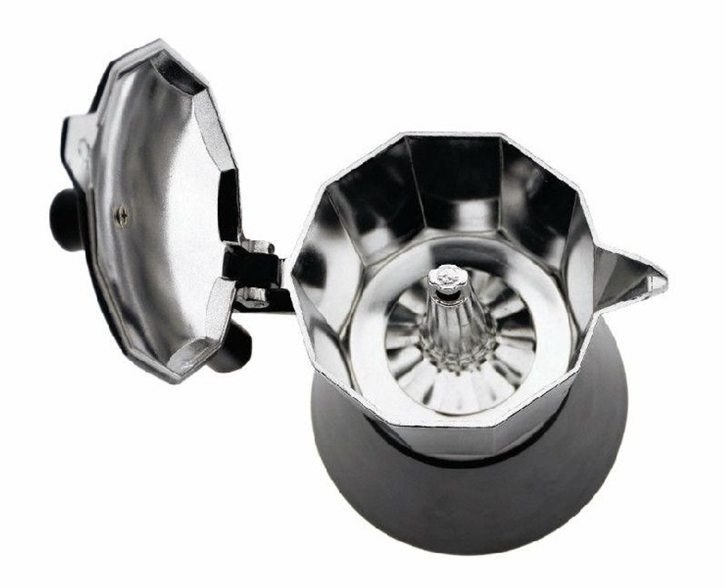 Ein offener, metallischer Espressokocher. Es ist schwarz und silber.