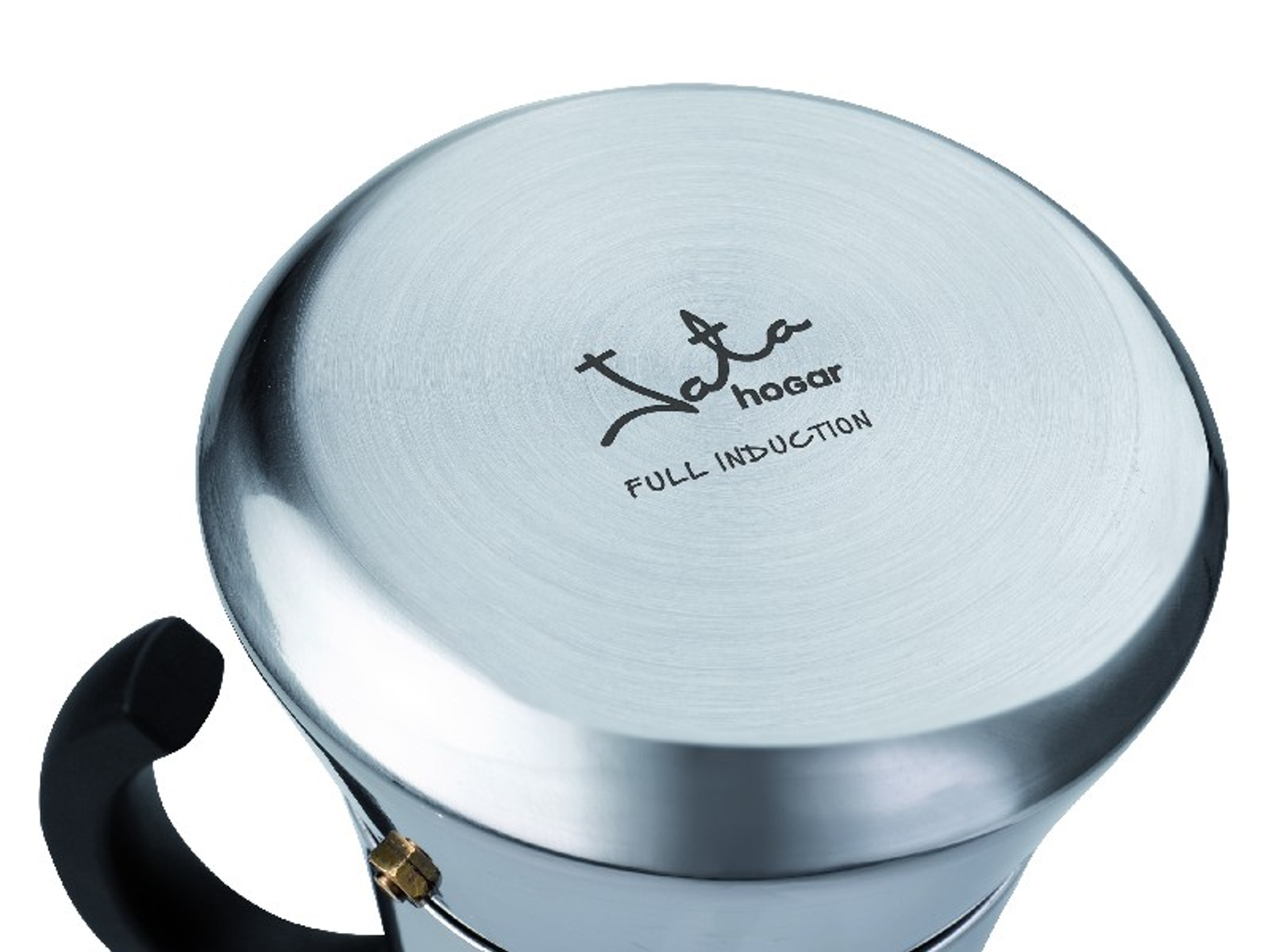 Zbliżenie podstawy kawiarki moka ze stali nierdzewnej z napisem 'Jata hogar'.