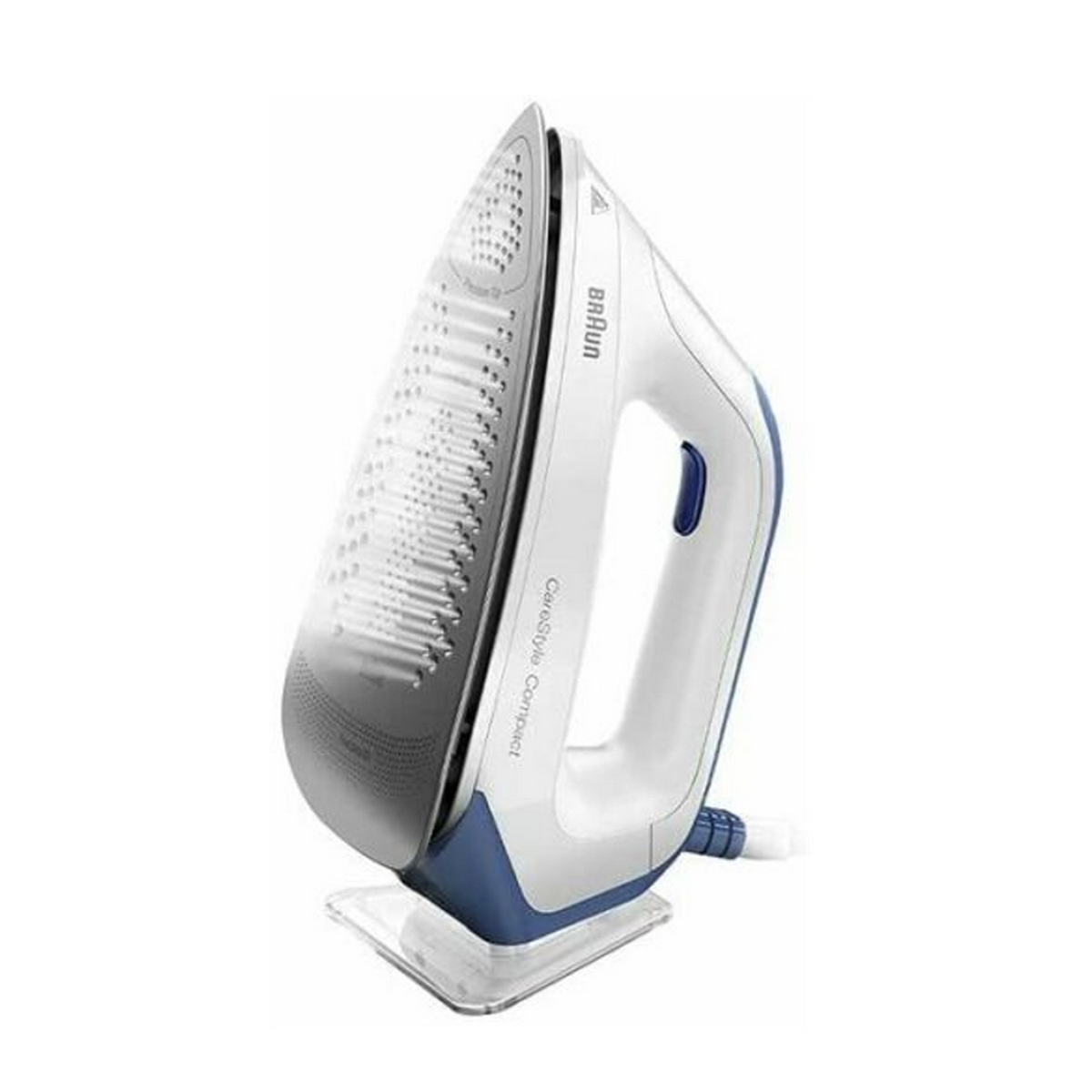 Una plancha blanca y azul sobre un soporte transparente. La plancha está etiquetada como 'Braun' y 'CareStyle Compact'.