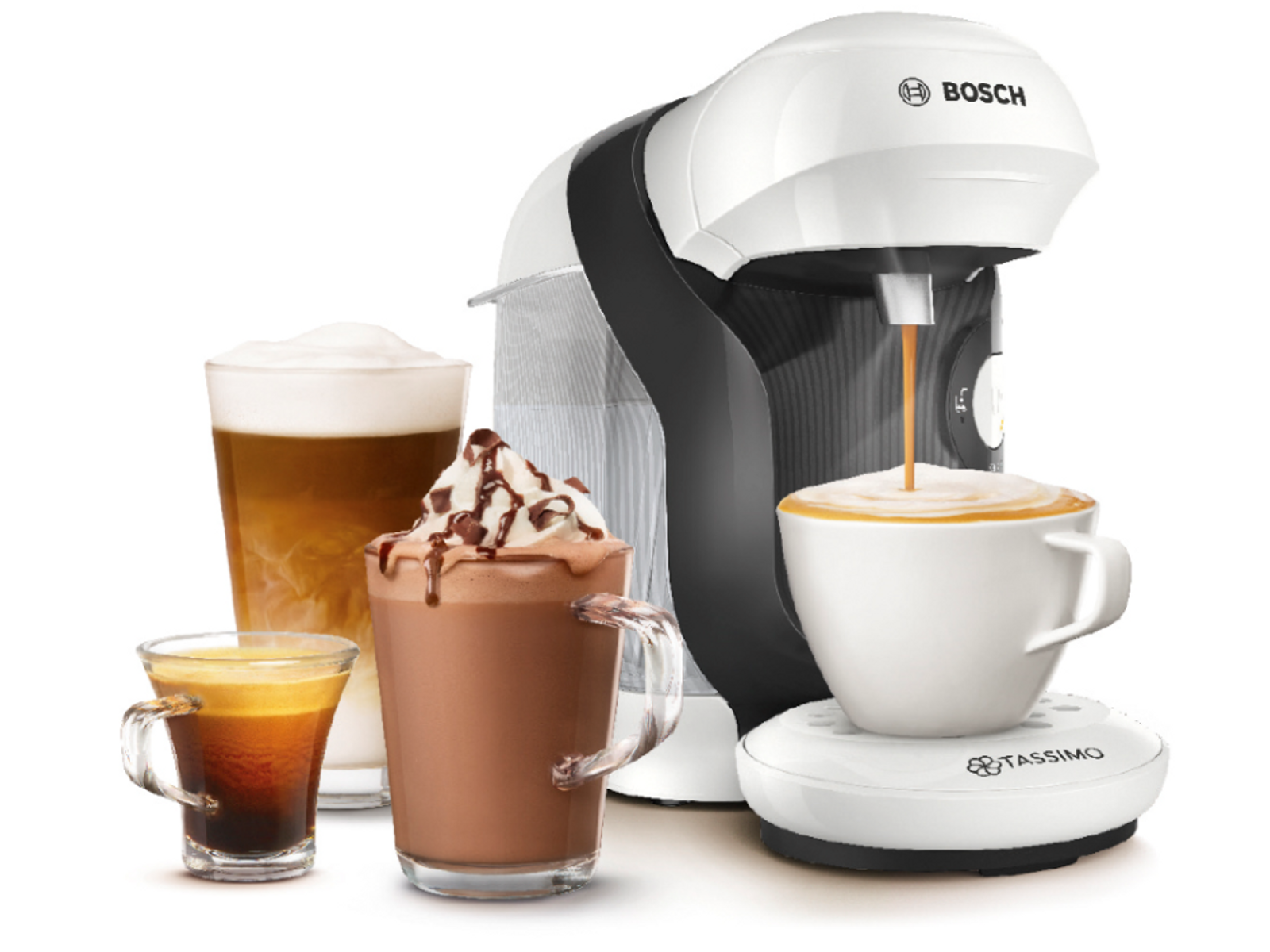 Machine à café avec plusieurs boissons, dont expresso, cappuccino et latte, sur une surface blanche.