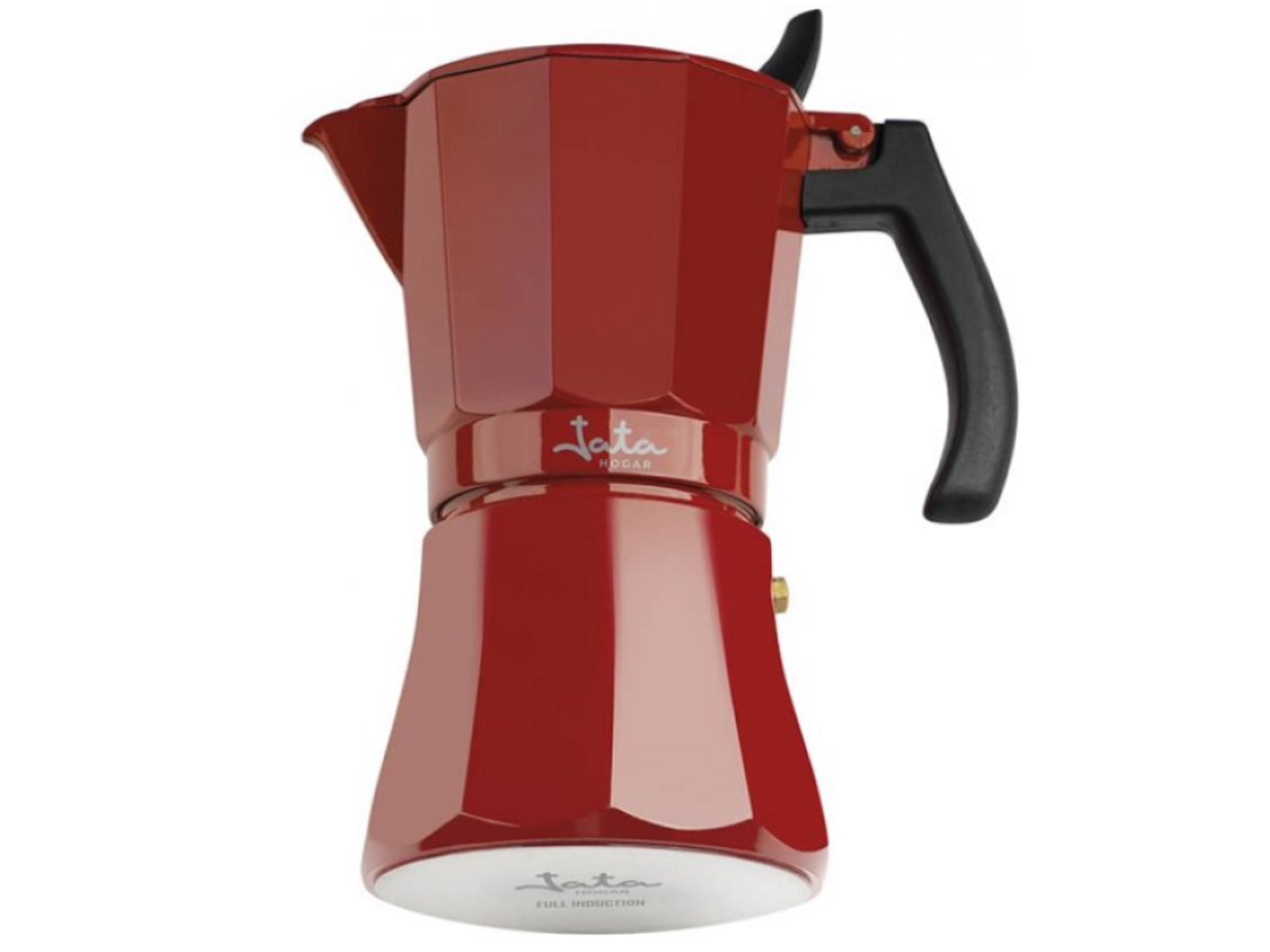 Cafetera espresso roja, asa negra, logo blanco y base roja.