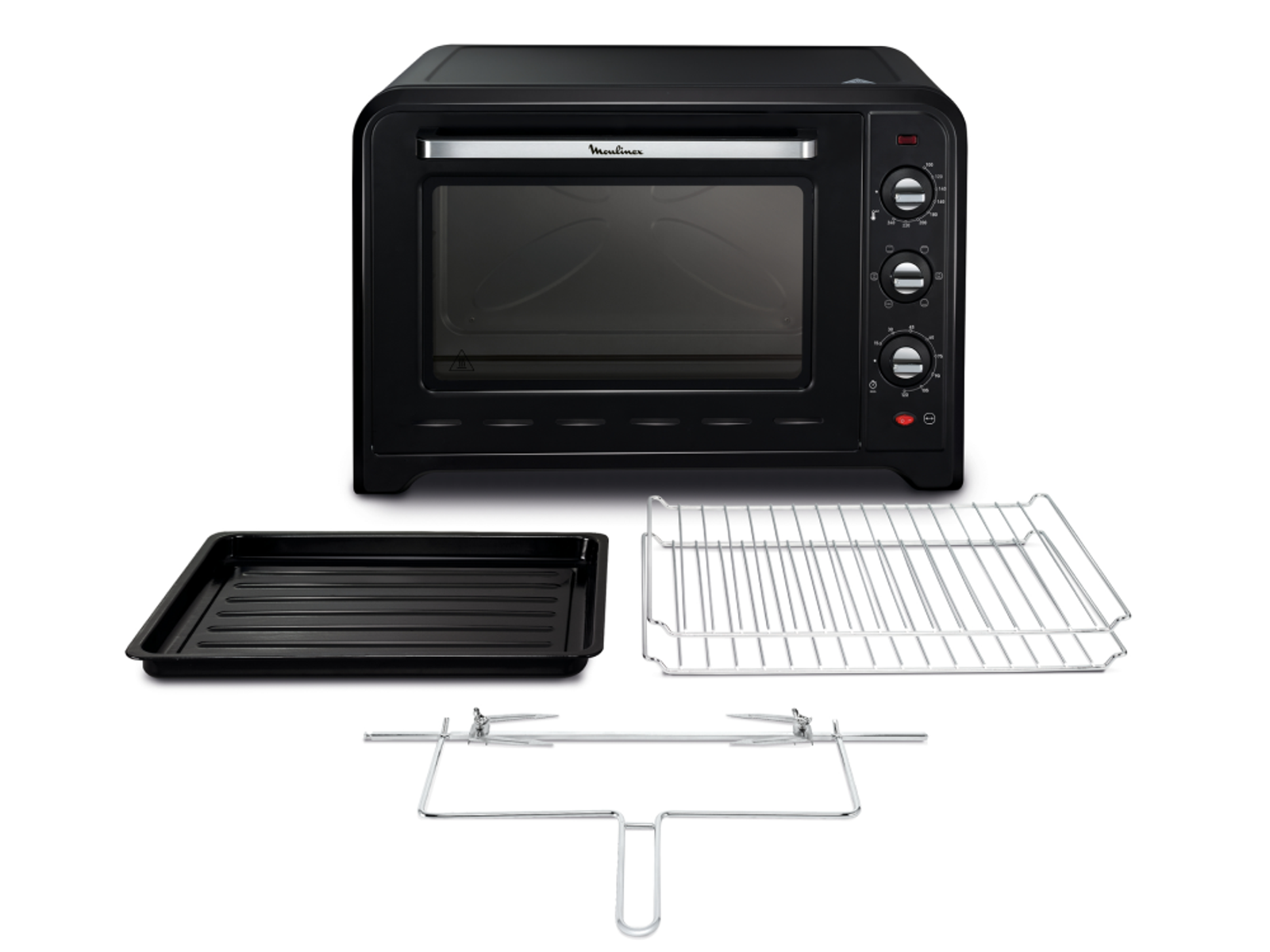 Czarny piekarnik Moulinex z akcesoriami.