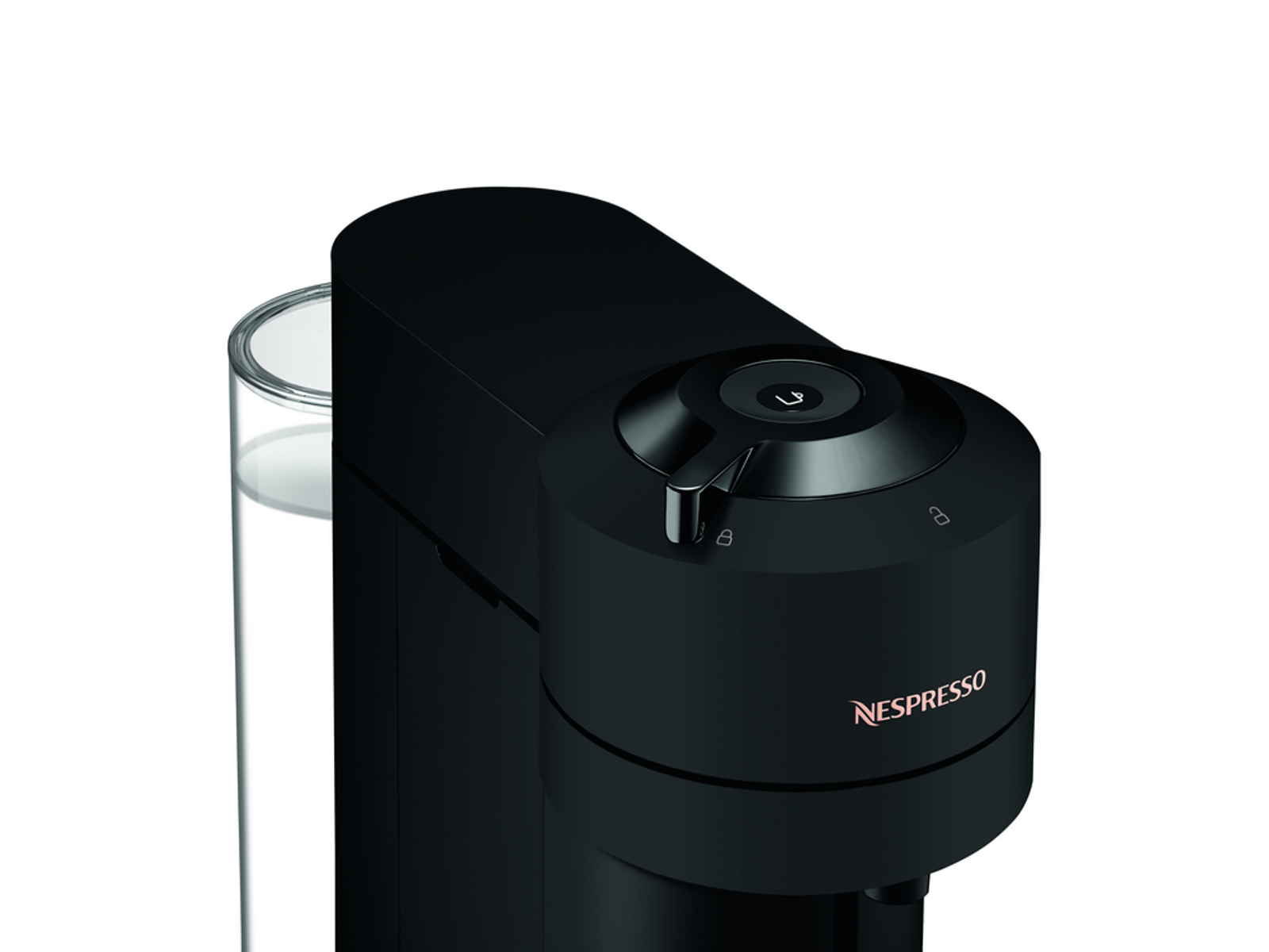 Cafetera Nespresso negra con un recipiente de agua al lado.