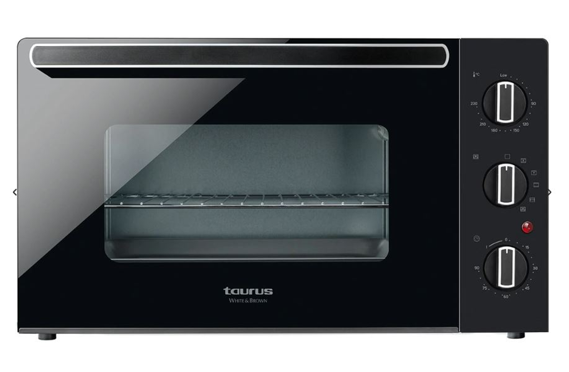 Forno nero da banco con porta in vetro, due manopole e una griglia interna.