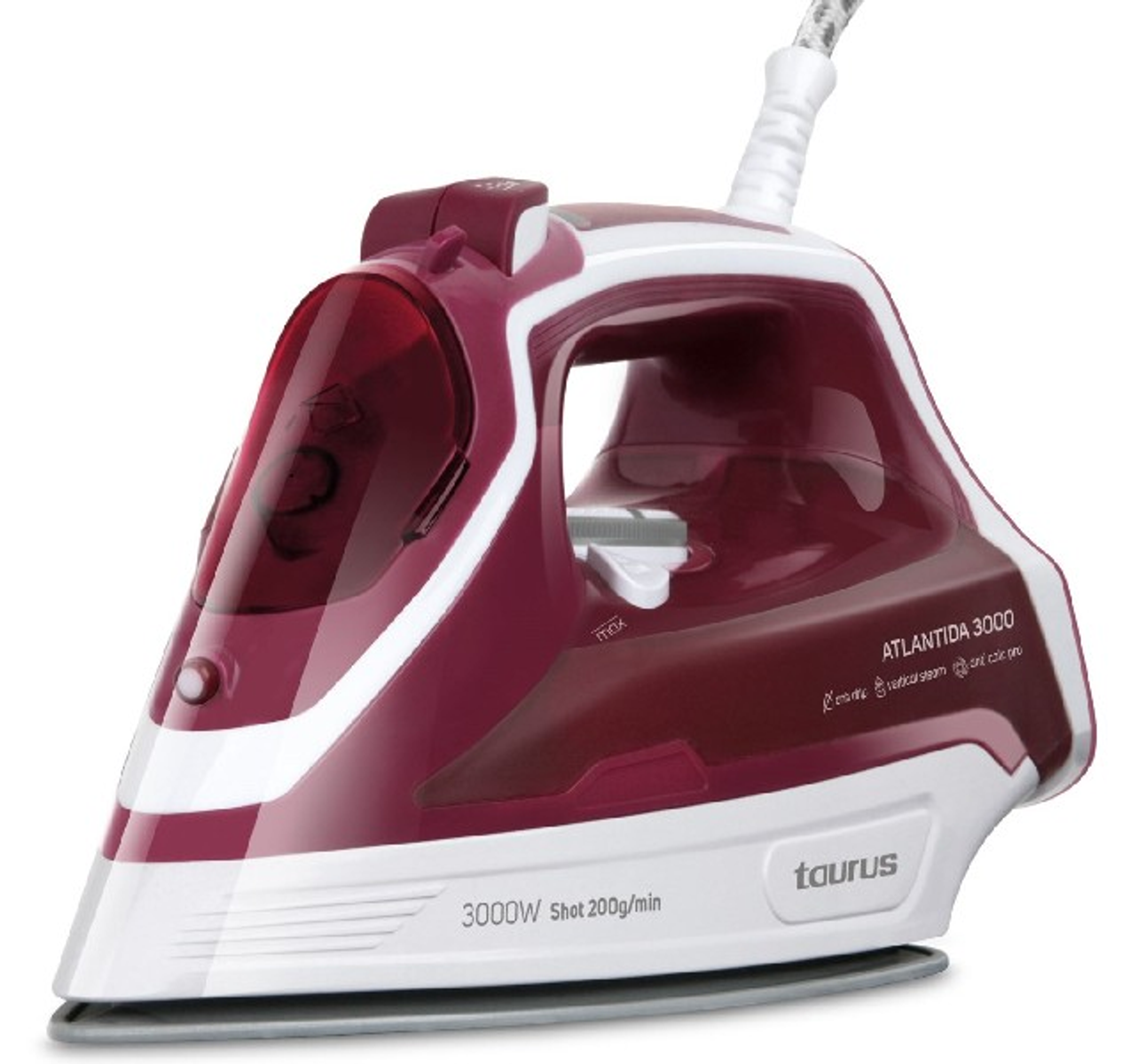 Czerwone i białe żelazko na białej powierzchni. Widoczny tekst 'ATLANTIDA 3000' i 'Taurus'.