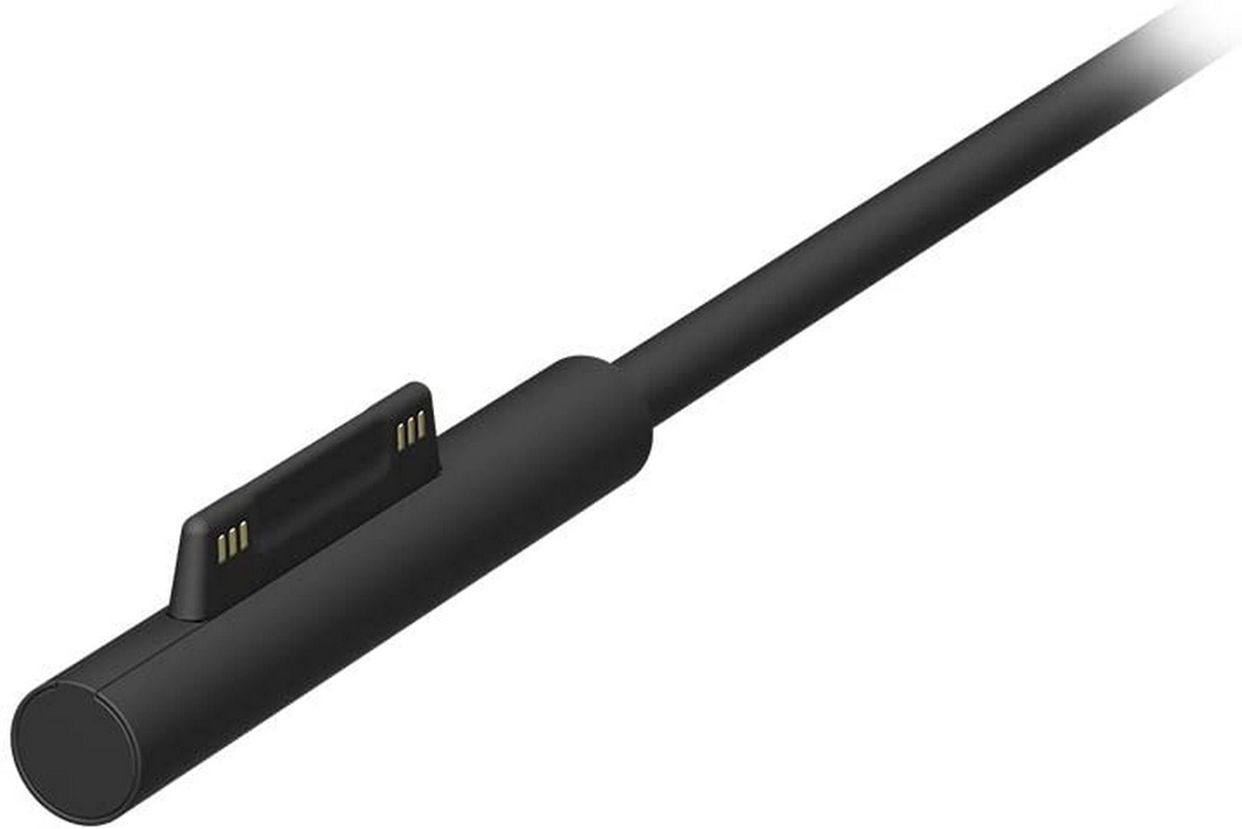 Cable de carga negro con conector. Fondo blanco.