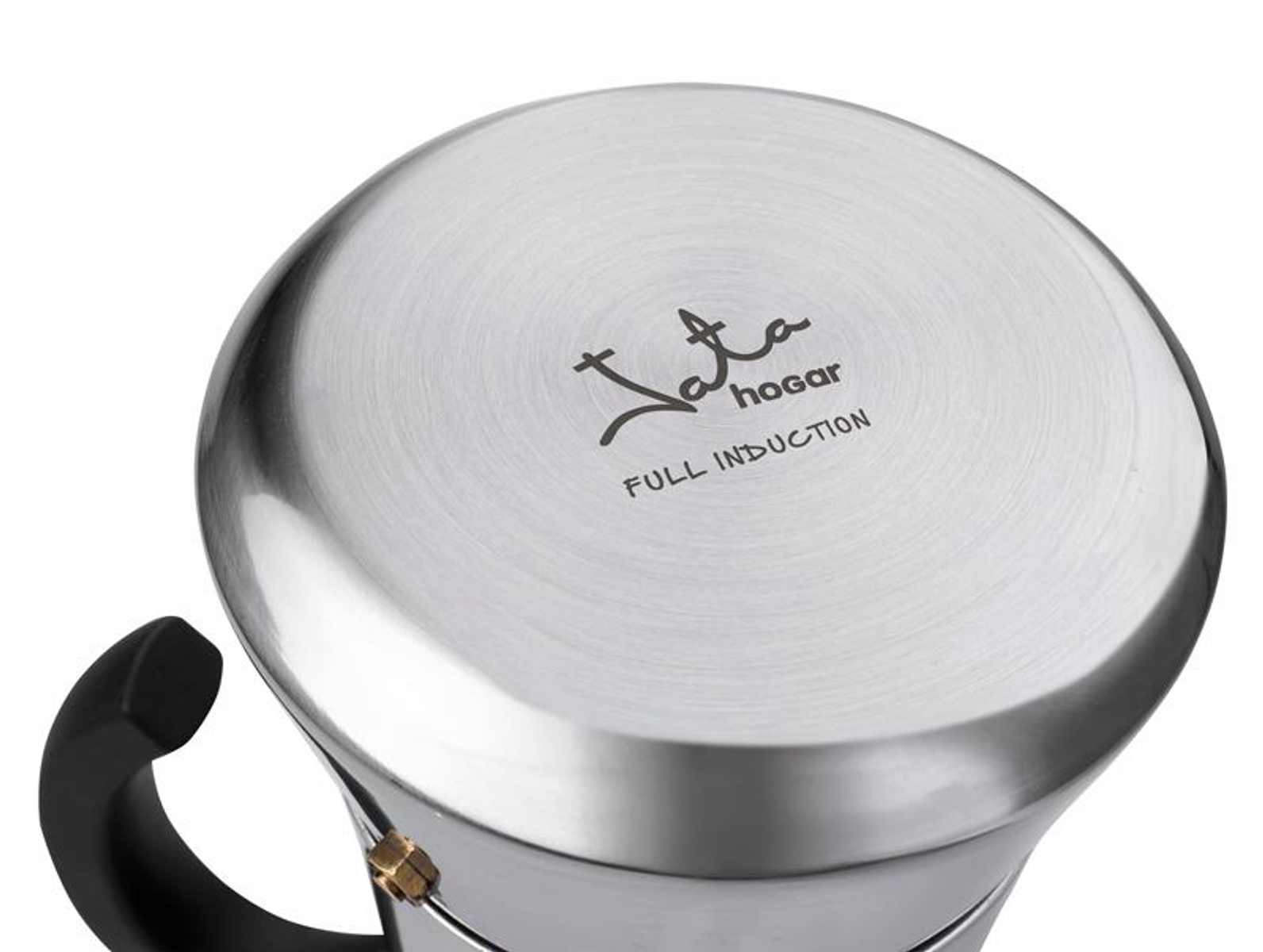 Zbliżenie na spód srebrnego ekspresu do kawy z napisem 'Jata hogar FULL INDUCTION'.