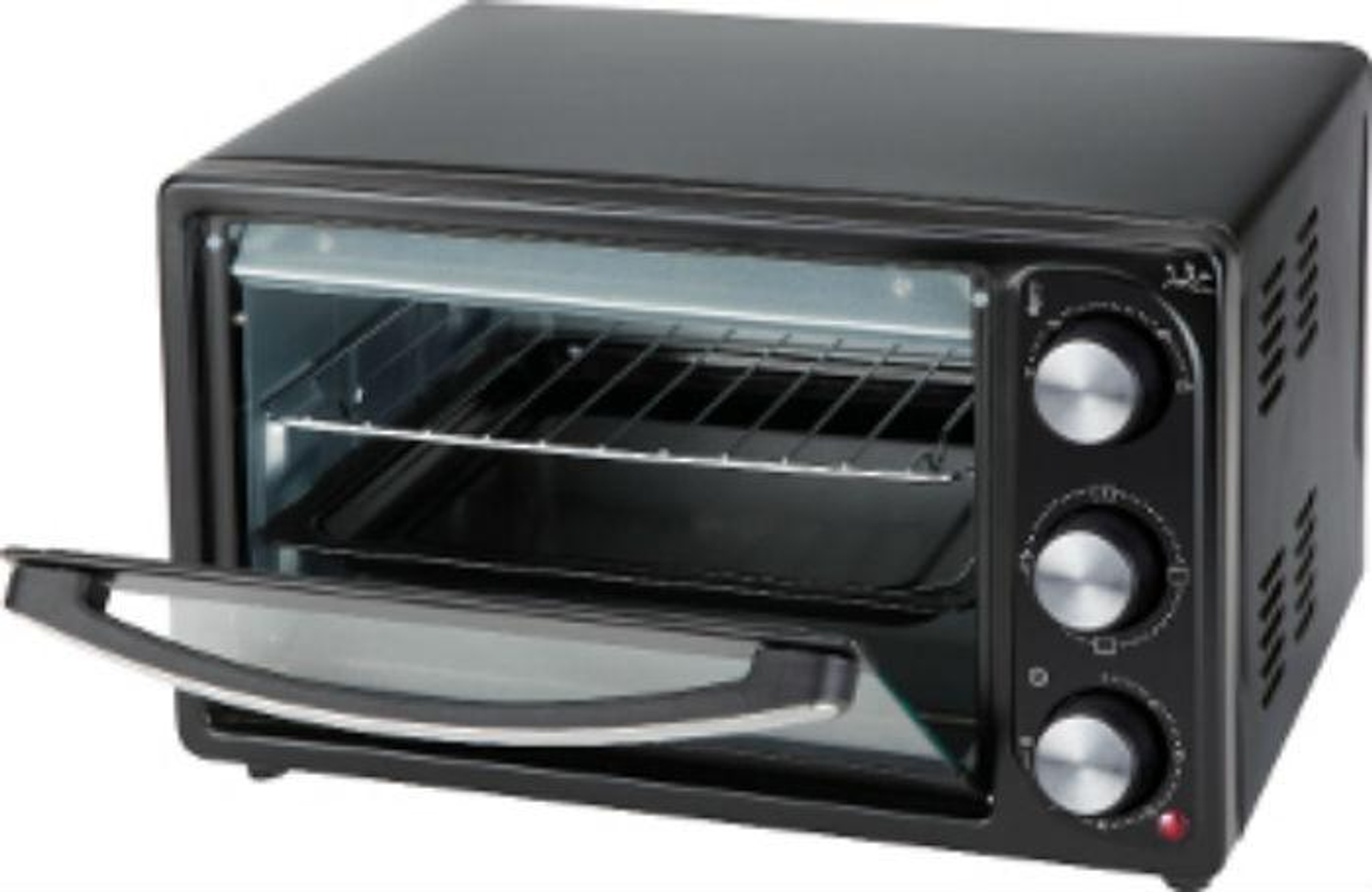 Czarny piekarnik z otwartymi drzwiami, pokazujący ruszt i tacę w środku. Kontrolki po prawej.