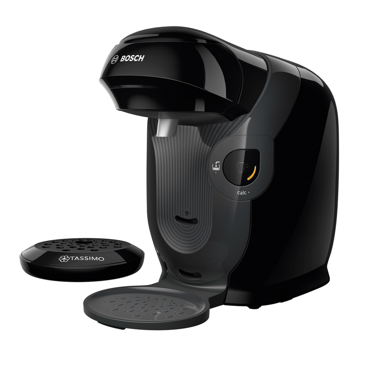 Una cafetera Tassimo negra con una base negra y un portavasos negro separado.