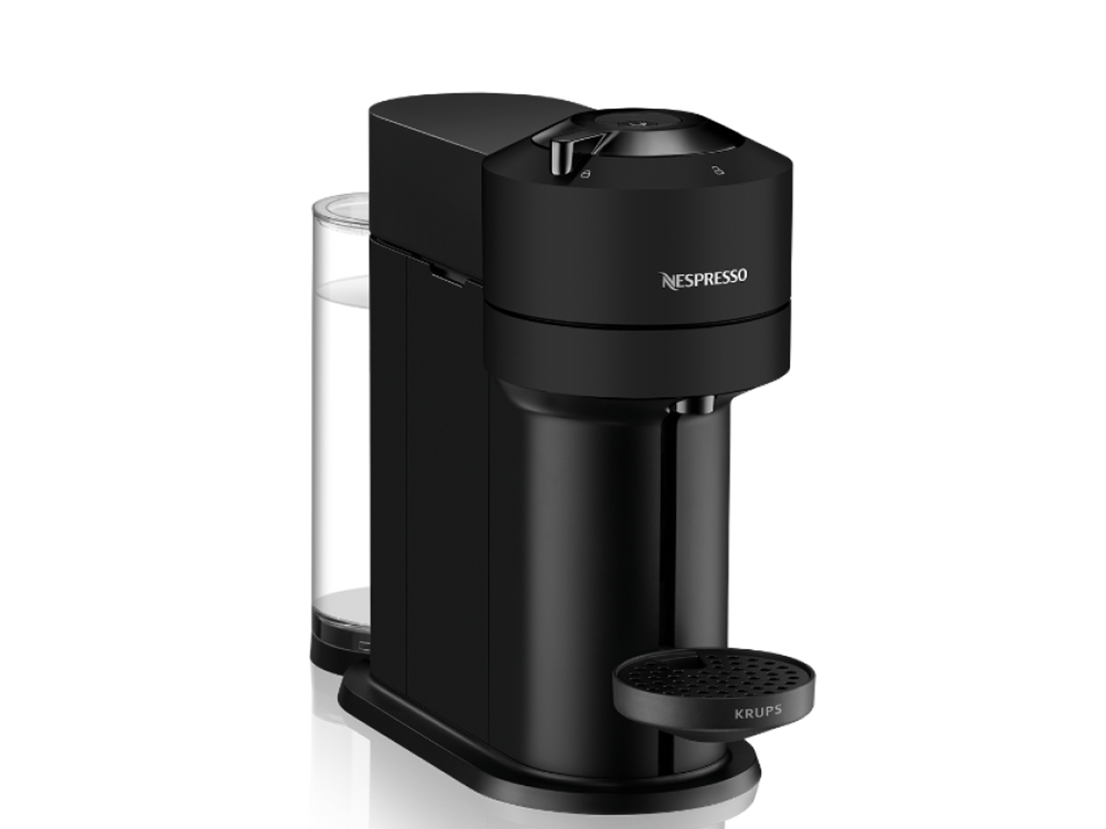 Macchina da caffè Nespresso nera con serbatoio. Piccola piattaforma per la tazza.