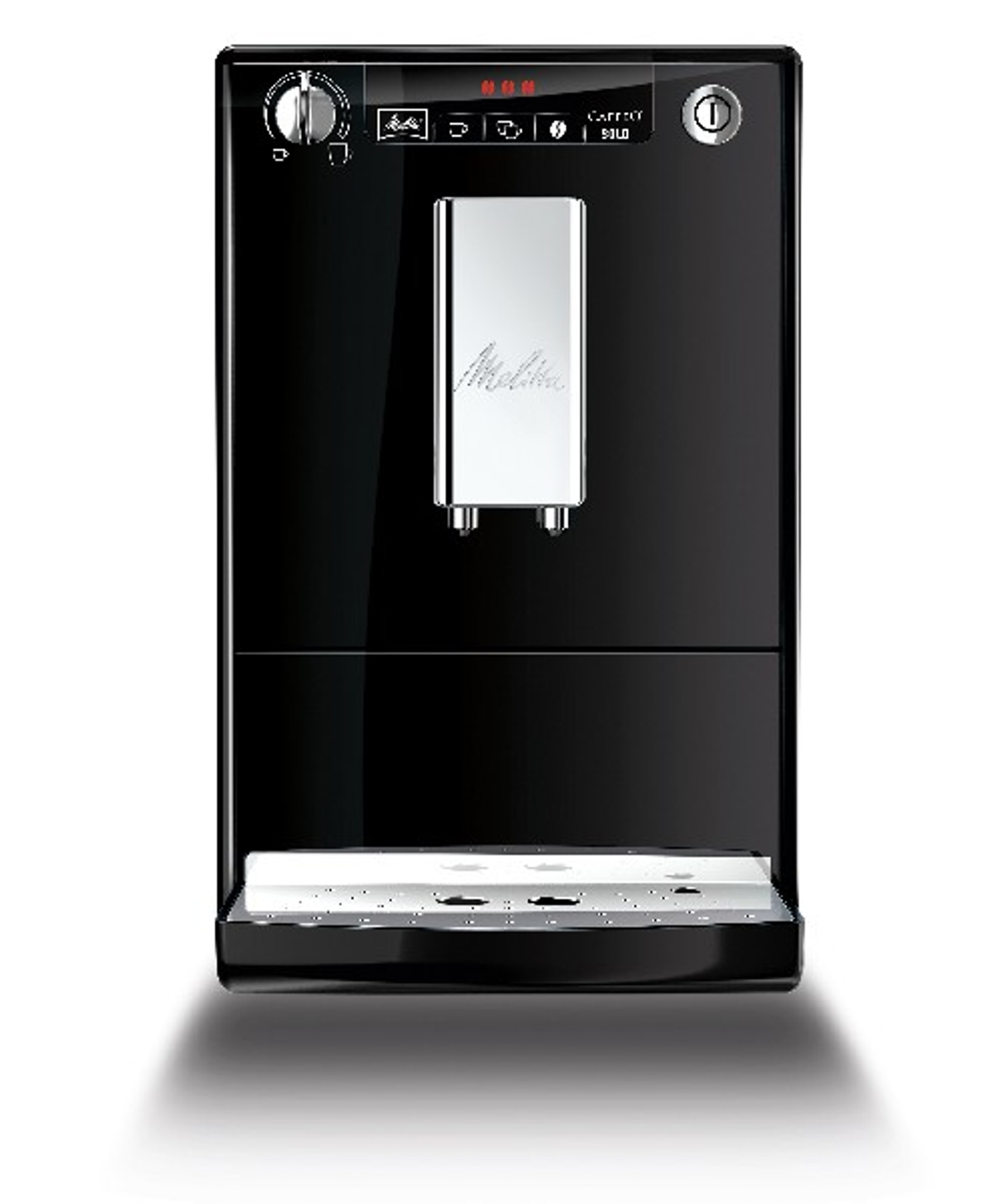 Czarny ekspres do kawy ze srebrnym panelem przednim. Ma wyświetlacz i przyciski. Tło jest białe.