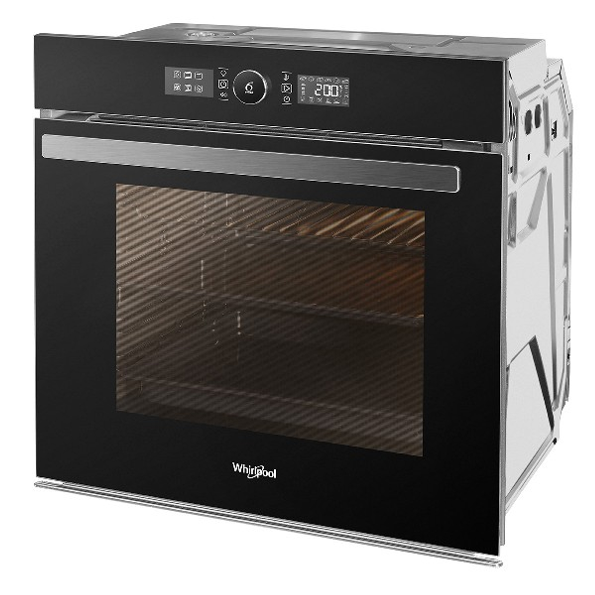 Horno empotrado Whirlpool negro con puerta de vidrio y pantalla digital. Fondo blanco.