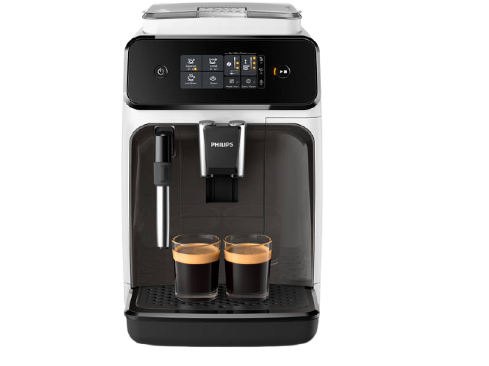 Macchina da caffè bianca e nera con schermo e due bicchieri di caffè. Ha il marchio Philips.
