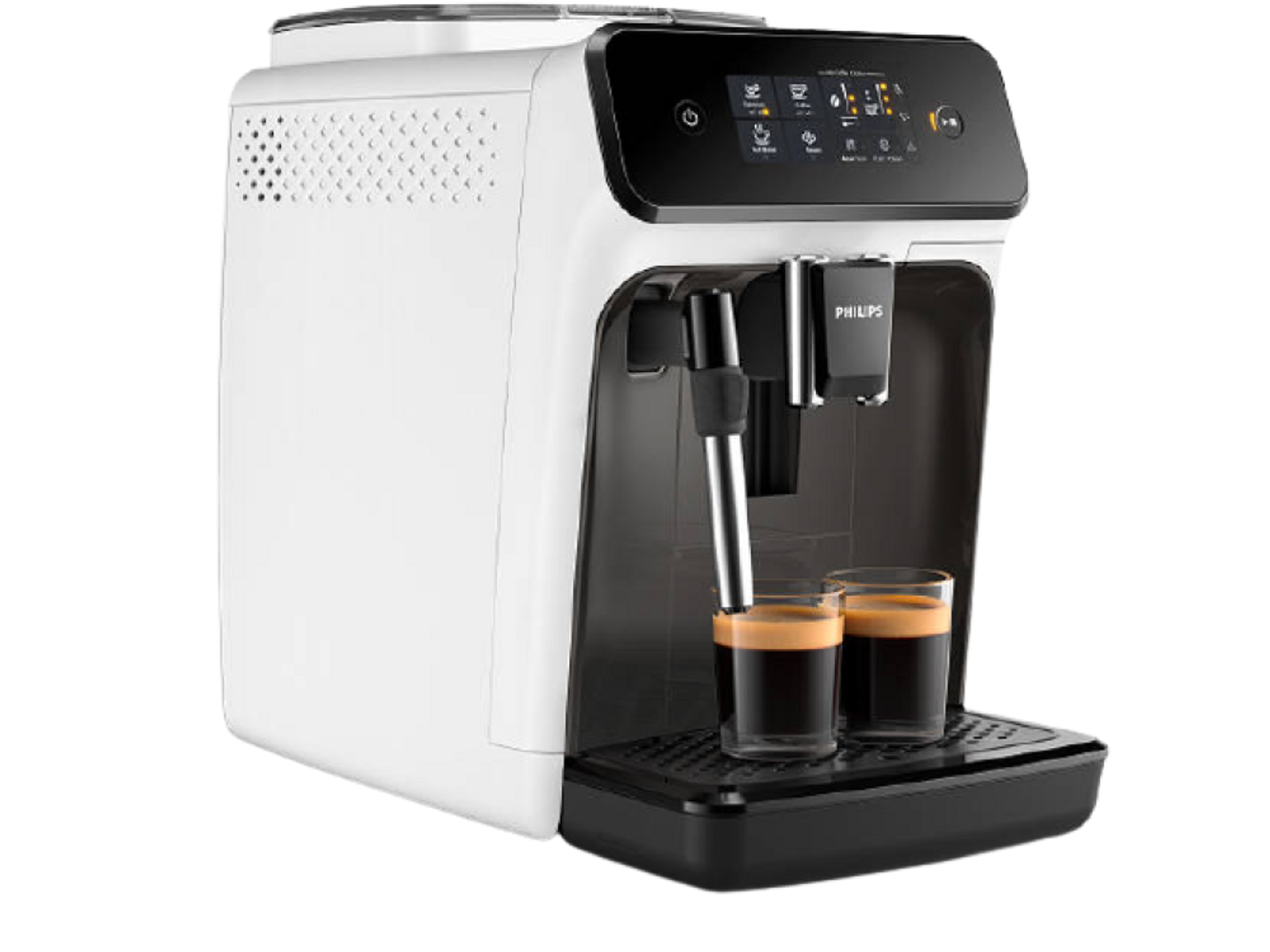 Macchina per espresso Philips bianca. Due bicchieri con caffè. Display digitale e pannello di controllo.