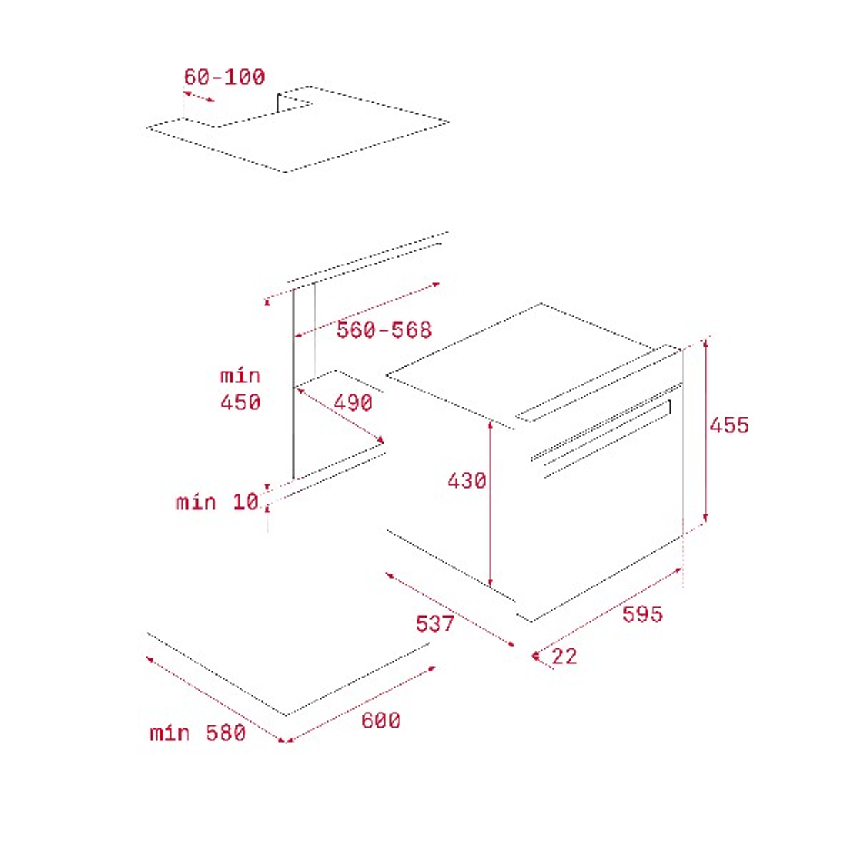 Un dibujo técnico de un horno empotrado, que muestra las dimensiones en milímetros y las características clave.