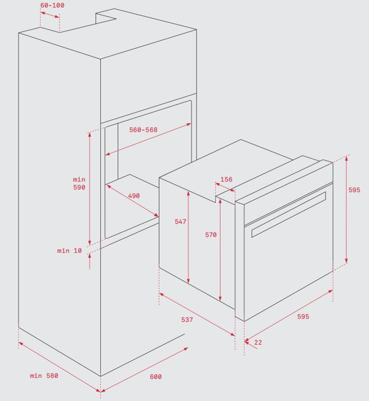 Un dibujo técnico de un horno empotrado con dimensiones.