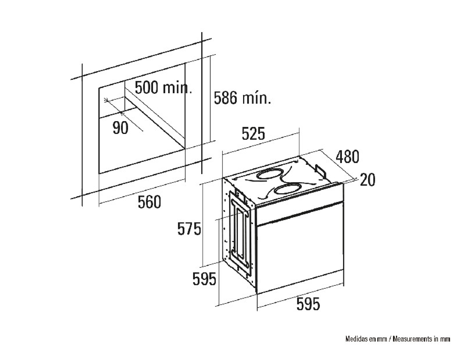 Diagrama de un horno empotrado, mostrando dimensiones en mm. La abertura del horno es rectangular.