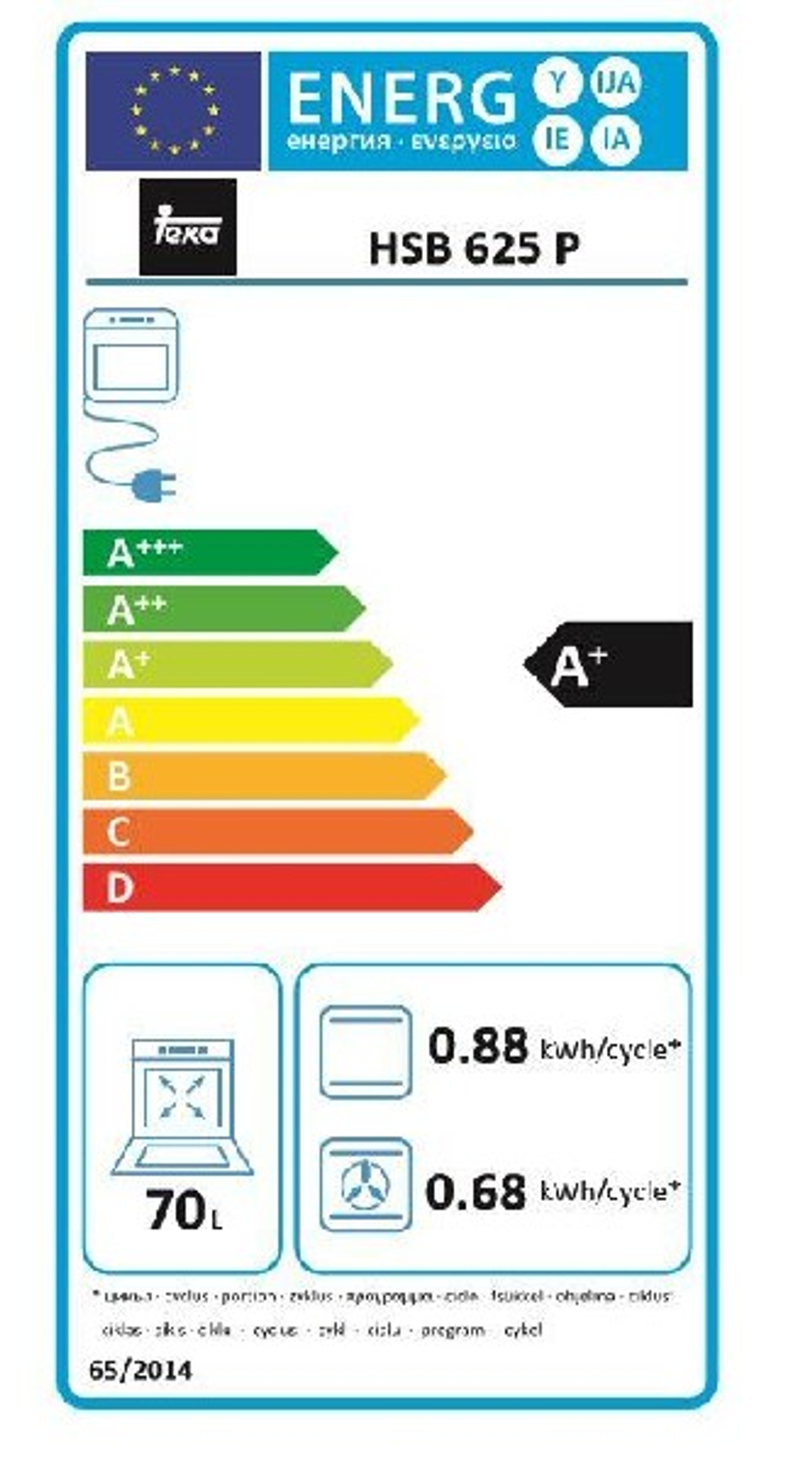 Etiqueta energética de un horno Teka. Muestra eficiencia energética A+, detalles de consumo y una imagen del electrodoméstico.