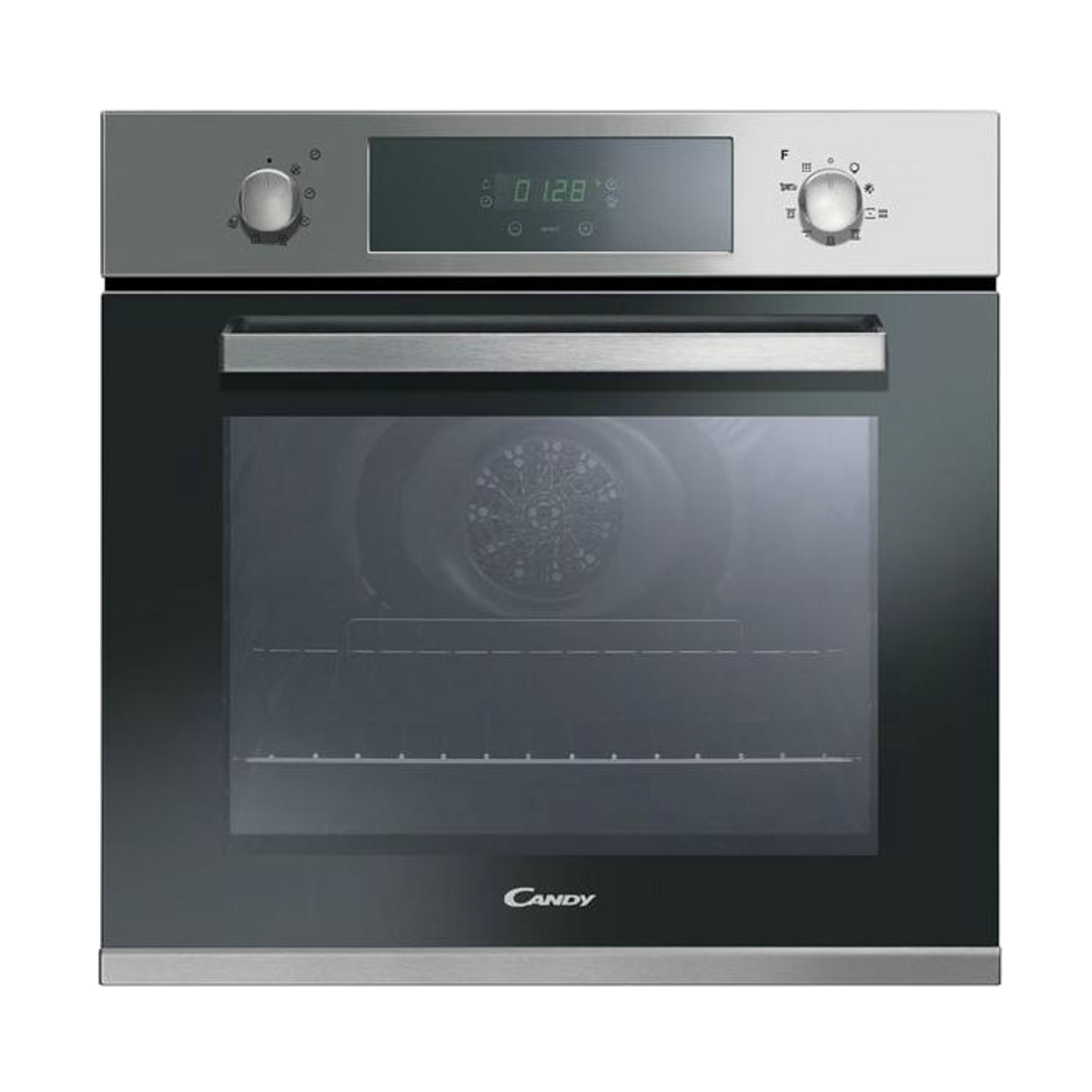 Un forno a incasso con porta in vetro nero. Ha manopole e un display digitale.