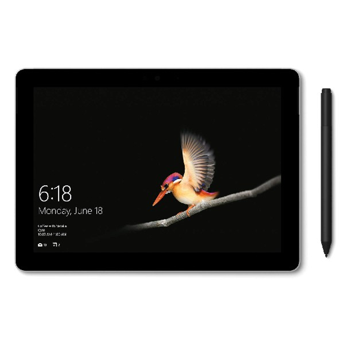 Una tableta con una imagen de pájaro en la pantalla y un lápiz negro.