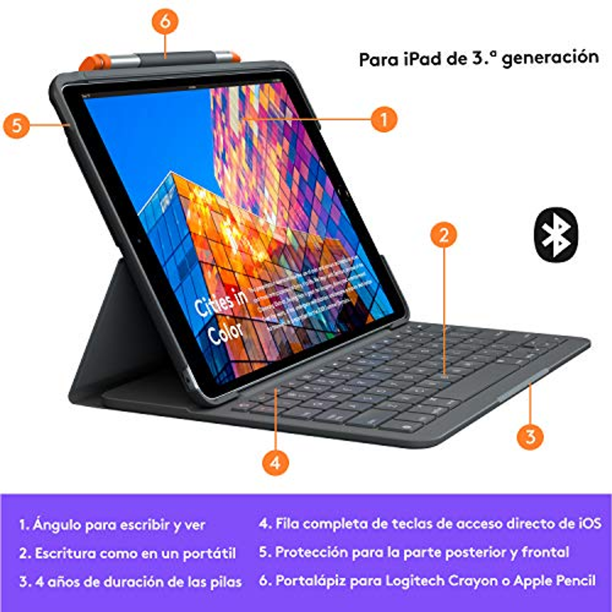 iPad con funda con teclado. La pantalla muestra una imagen colorida y etiquetas de funciones.