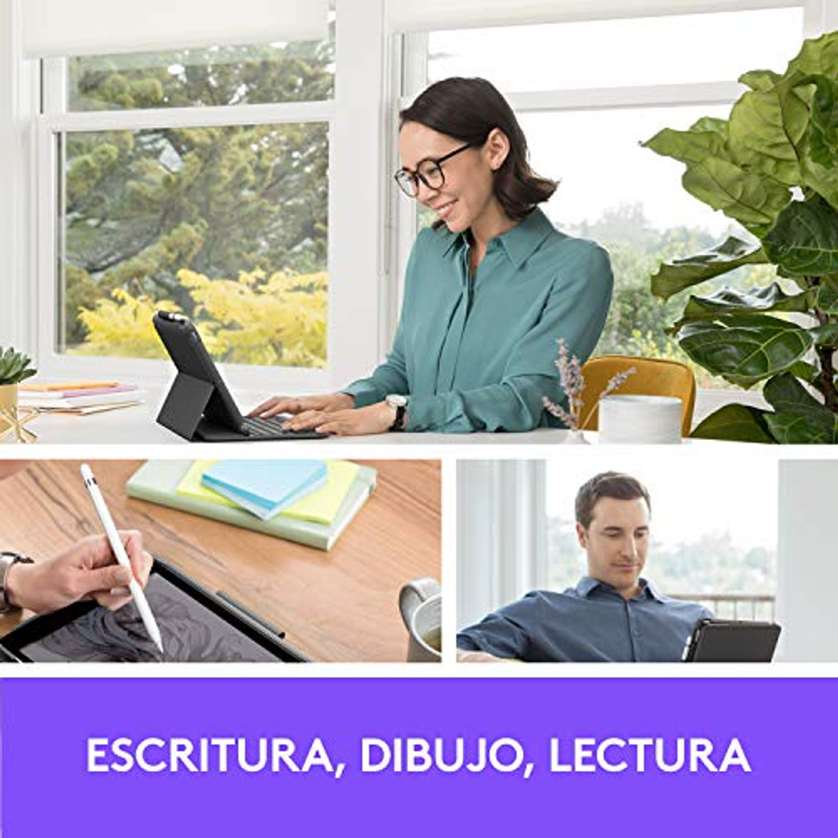 Tres personas trabajando en tabletas y teclados, escribiendo y dibujando.