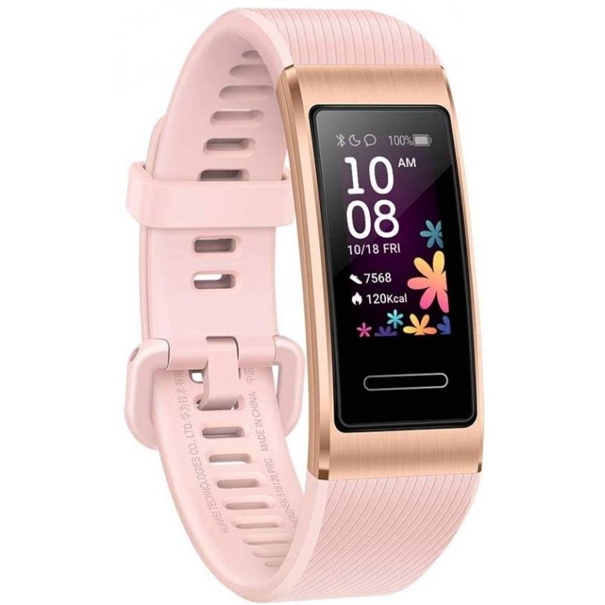 Rosa Smartband mit Bildschirm, der Zeit und Statistiken anzeigt, und rosa Armband, mit Abmessungen.