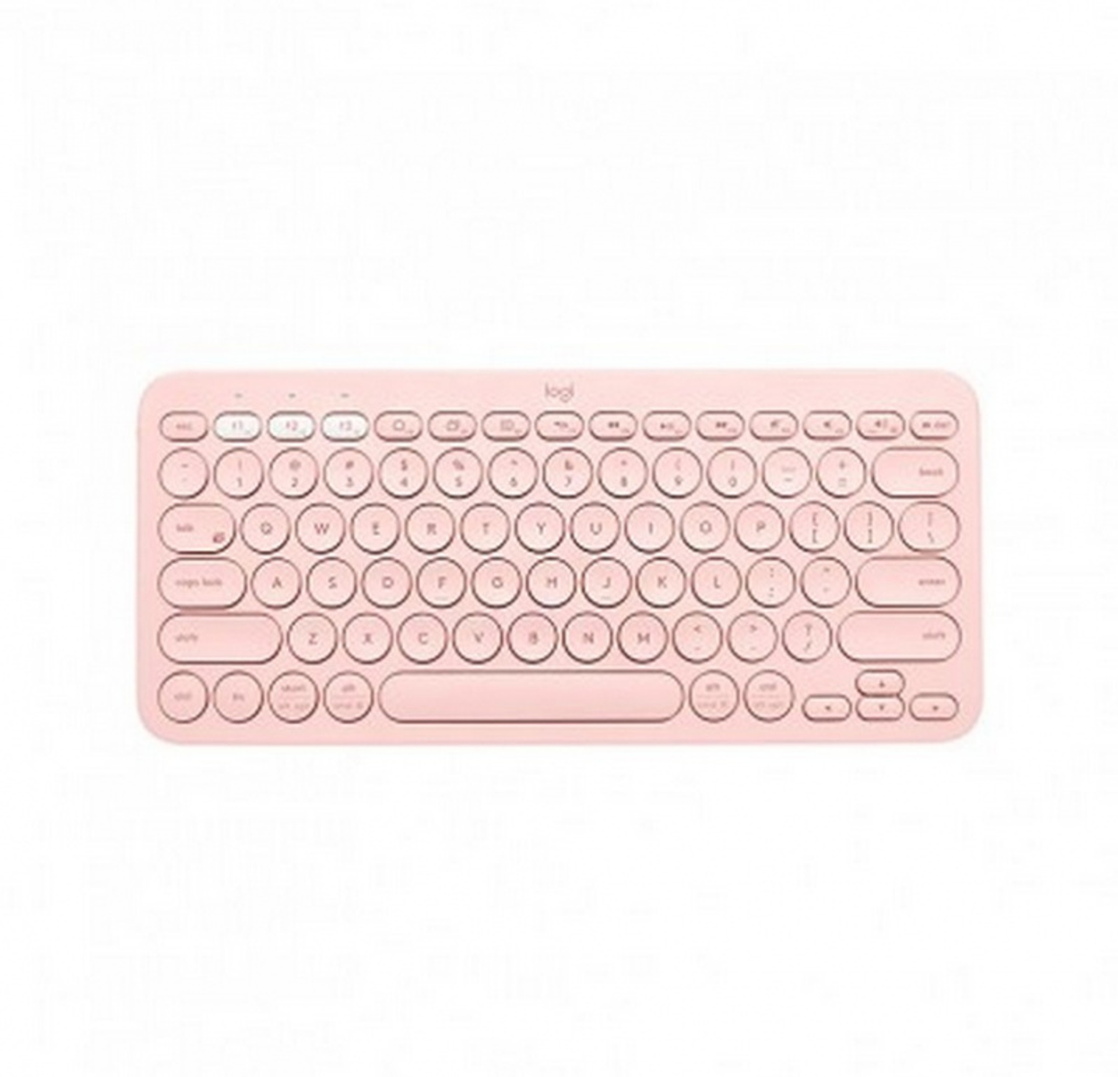 Teclado inalámbrico rosa con teclas redondas sobre fondo blanco.