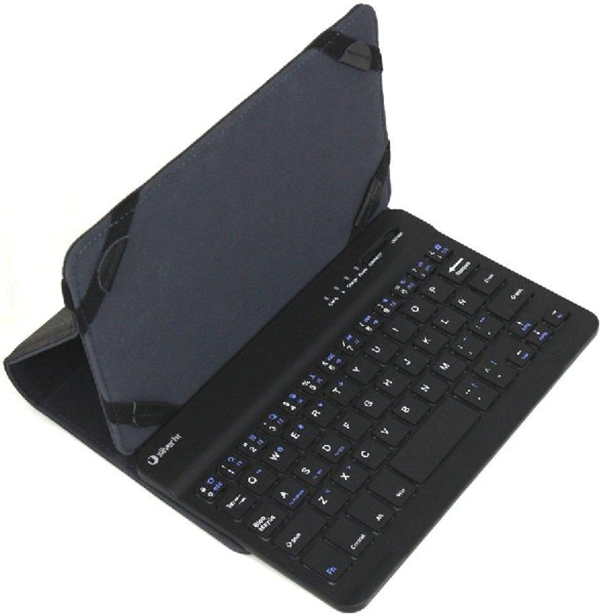 Czarna klawiatura do tabletu w czarnym etui. Klawiatura ma białe klawisze.