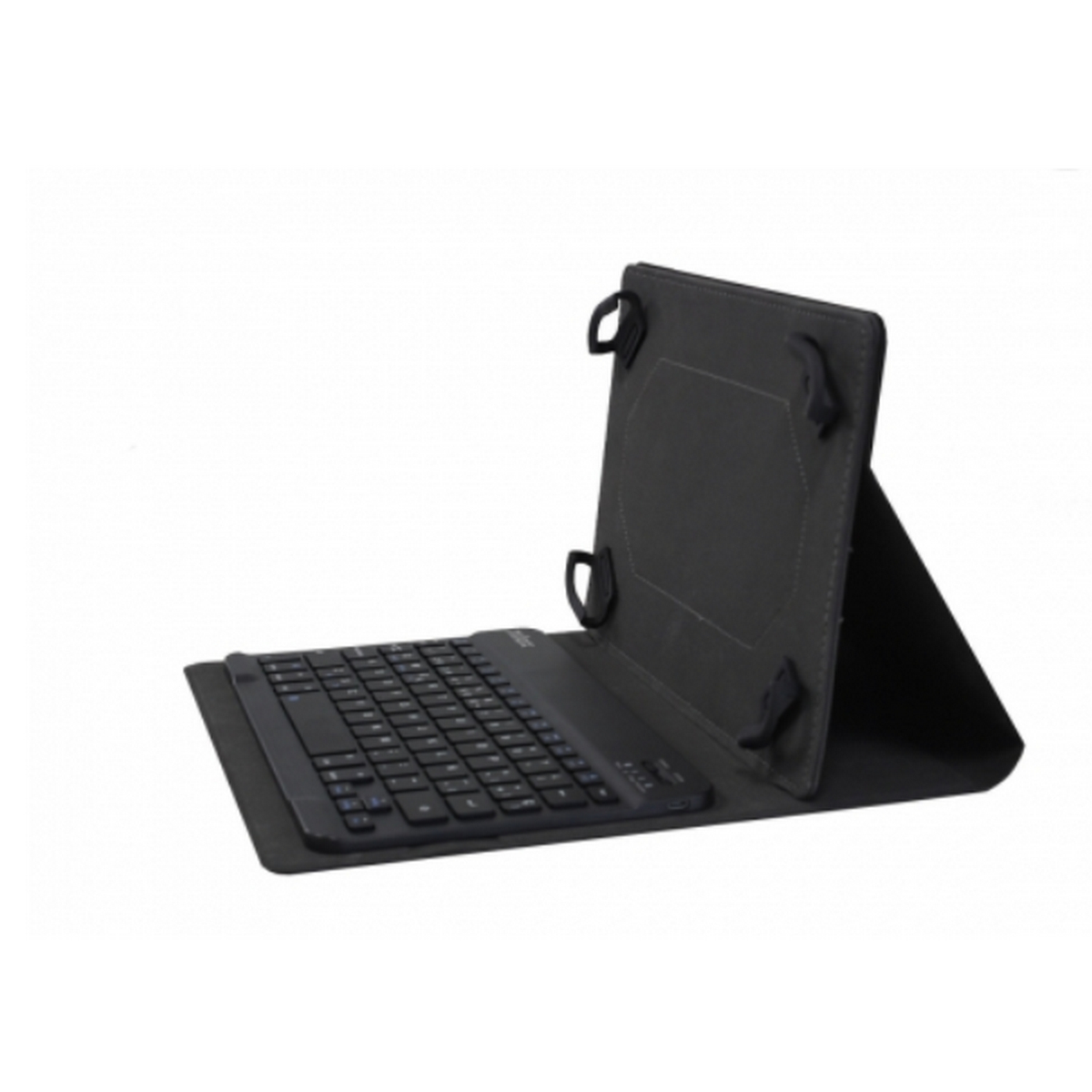 Una funda de teclado para tableta negra abierta. Teclado en la parte inferior, funda con correas.