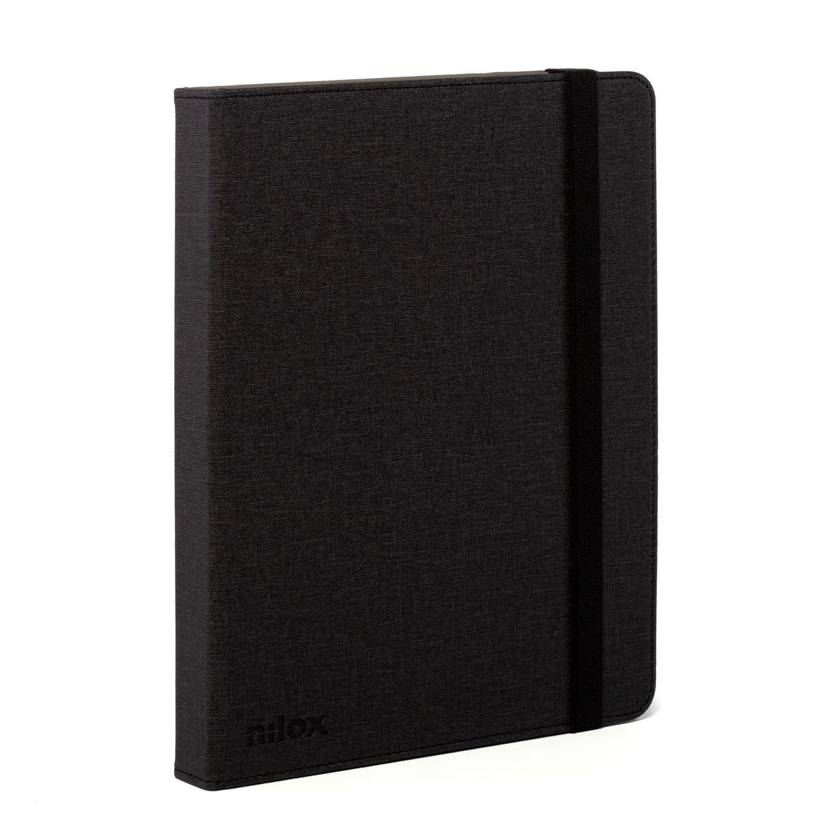 Funda de tableta de tela negra con cierre de banda elástica.