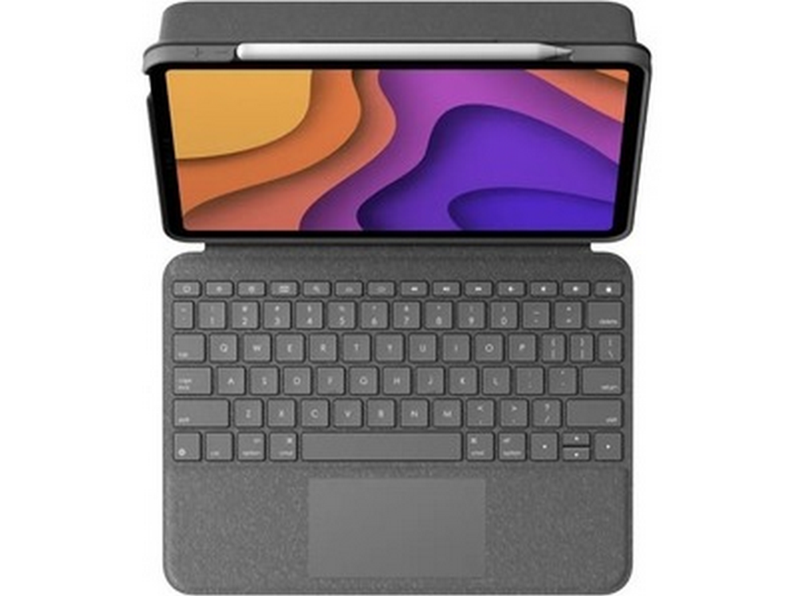 Un tablet grigio con una cover con tastiera e uno stilo sopra.