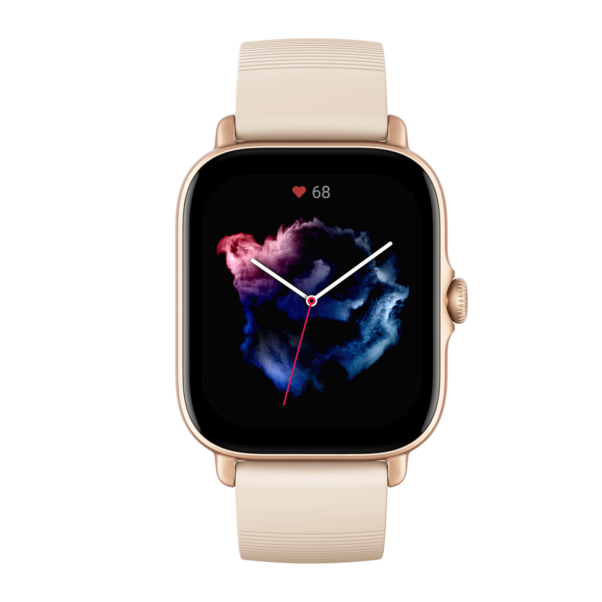 Goldene Smartwatch mit schwarzem Bildschirm, der eine Herzfrequenz und eine farbenfrohe Grafik anzeigt.