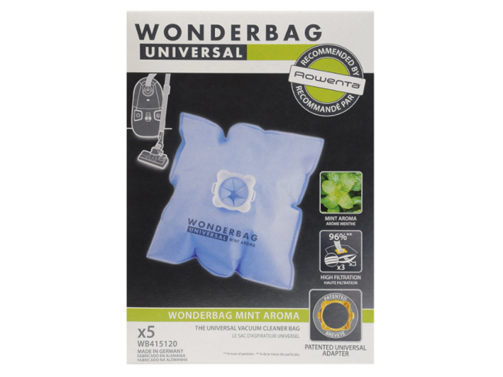 Sacchetti blu per aspirapolvere con la scritta 'Wonderbag Universal'. Lo sfondo è bianco.