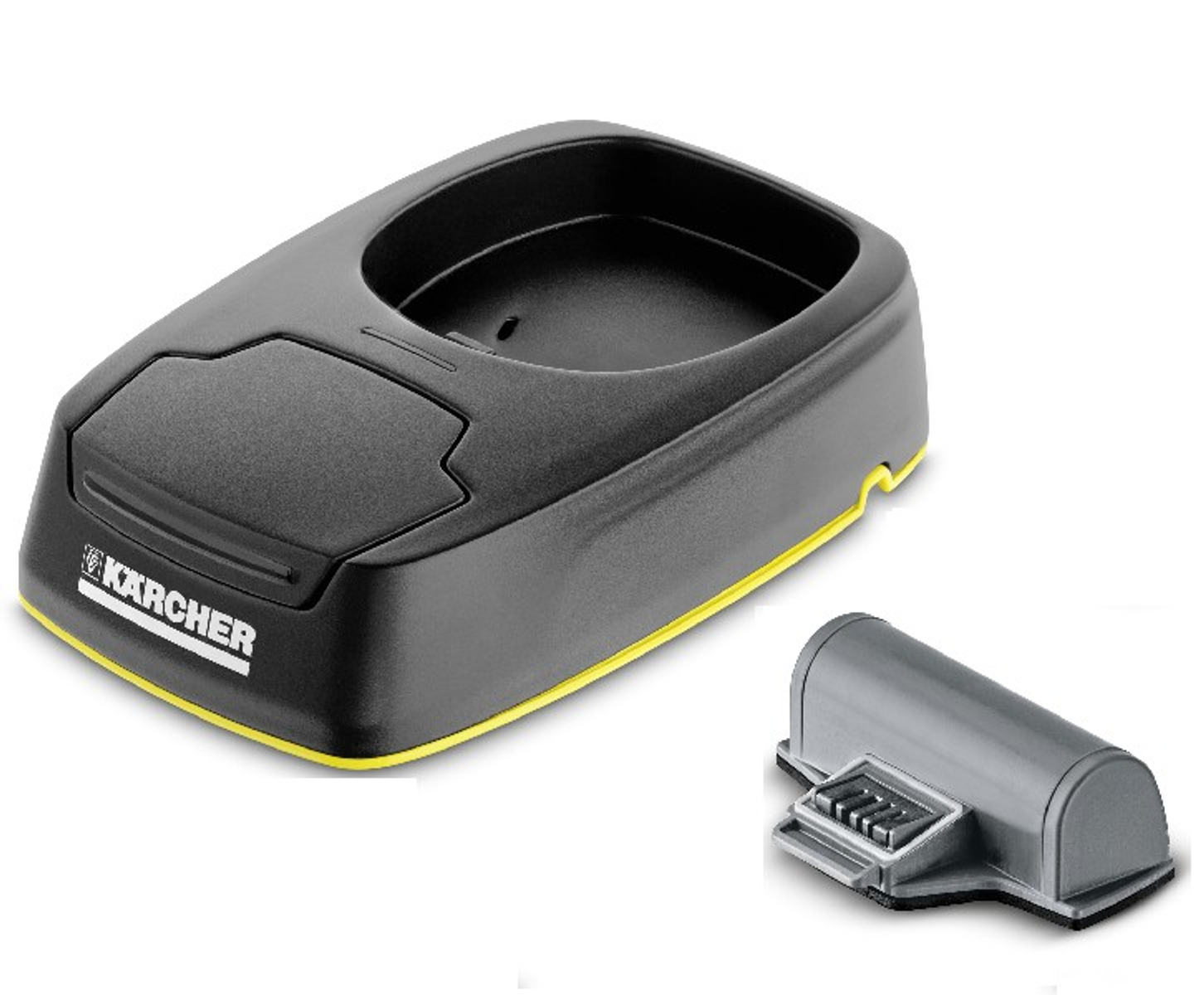 Caricabatterie per aspirapolvere Kärcher nero e giallo e una batteria.