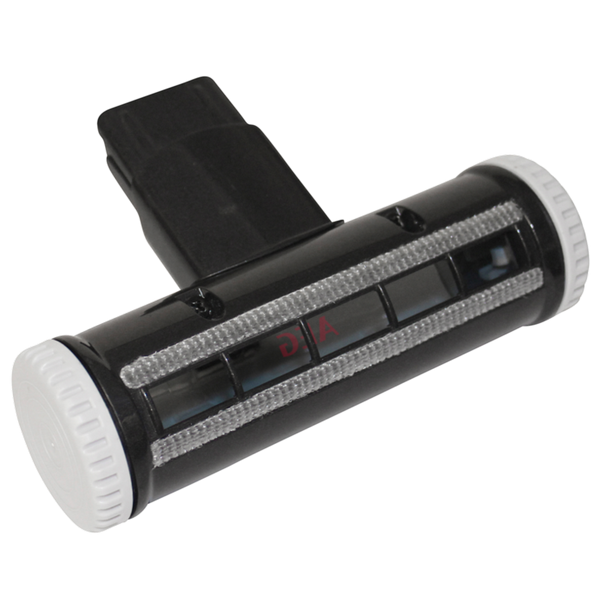 Czarna głowica odkurzacza. Głowica szczotki ma kilka przezroczystych, prostokątnych okien.