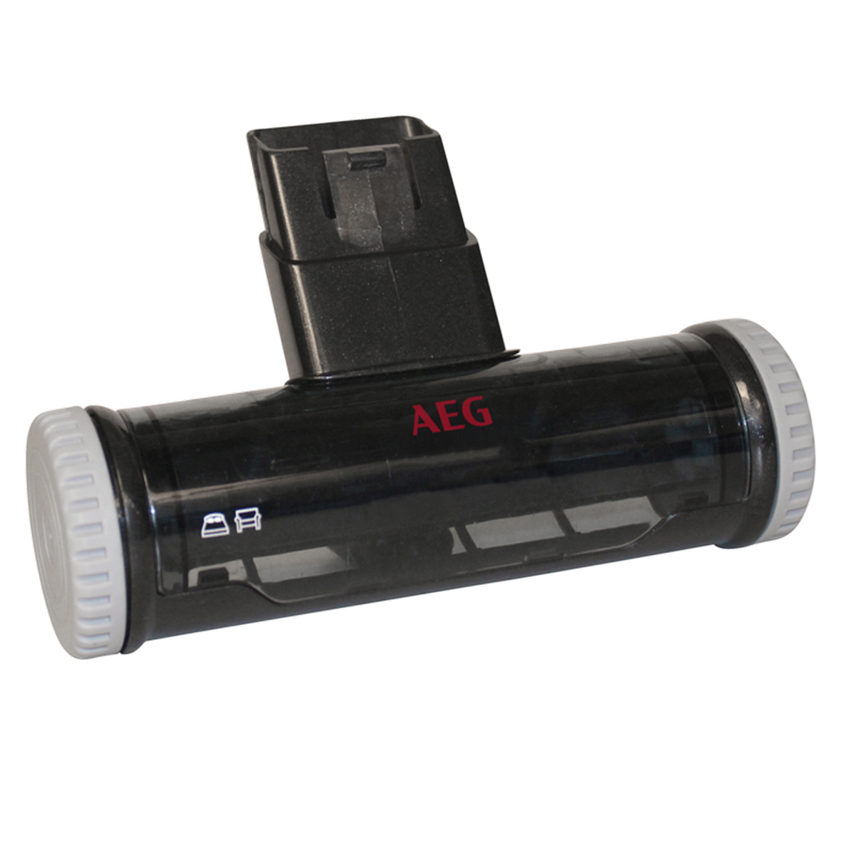Czarny element odkurzacza. Logo AEG z boku, białe zaślepki.