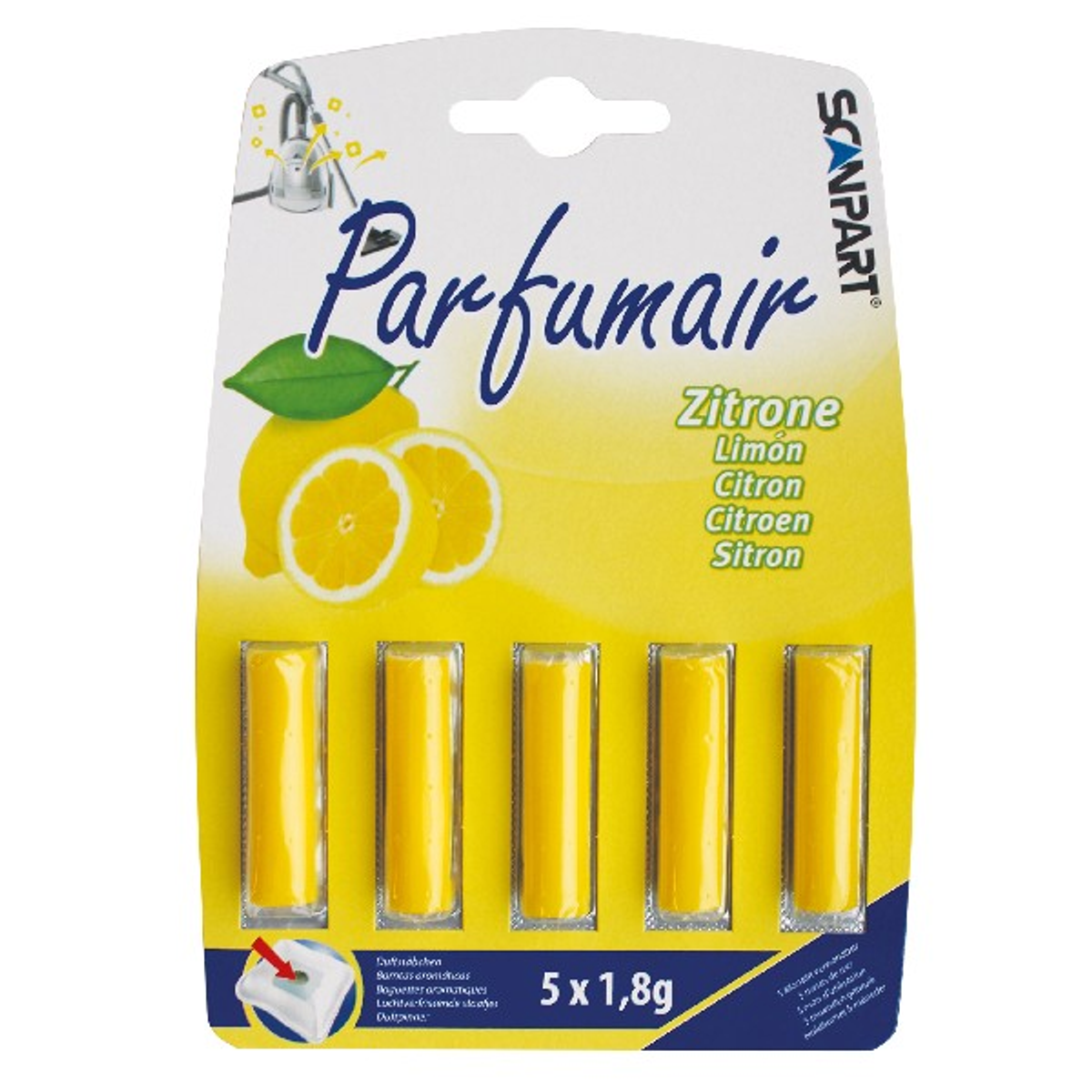 Confezione di ricariche per deodoranti per ambienti. Sono visibili cinque bastoncini gialli.