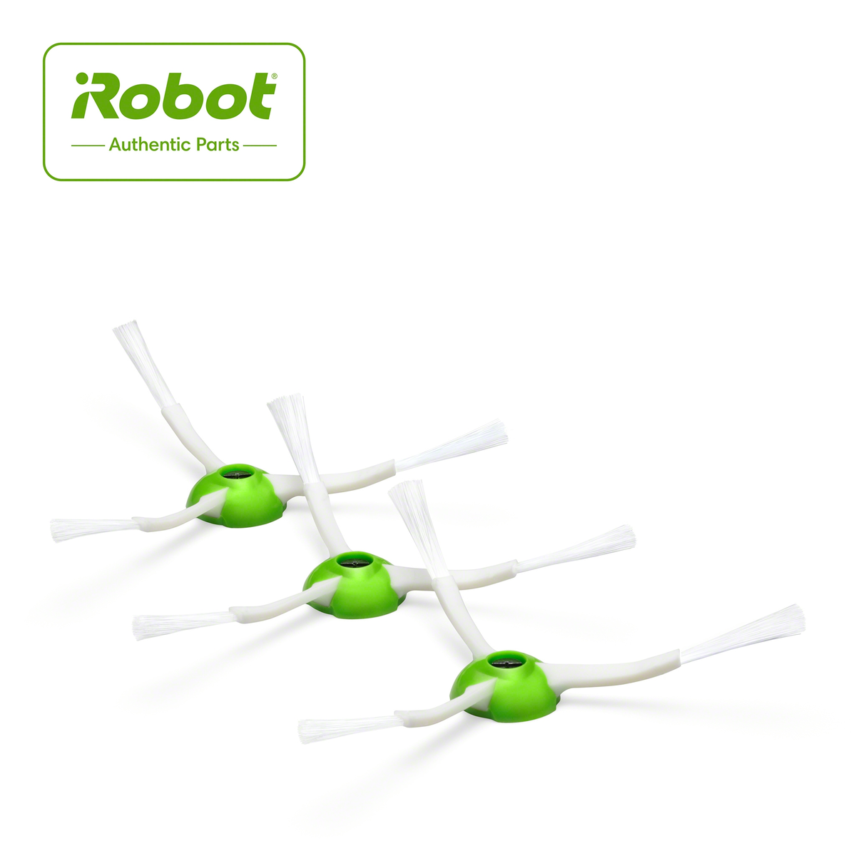 Tre spazzole verdi per robot aspirapolvere e un'etichetta verde con sfondo bianco.