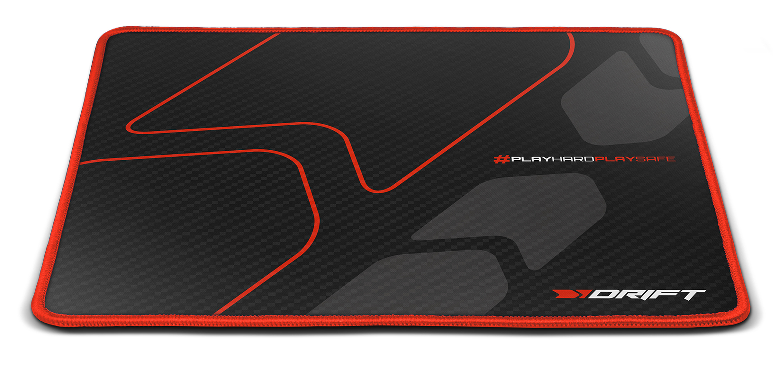 Czarna i czerwona podkładka pod mysz z czerwoną obwódką i tekstem. Białe tło.