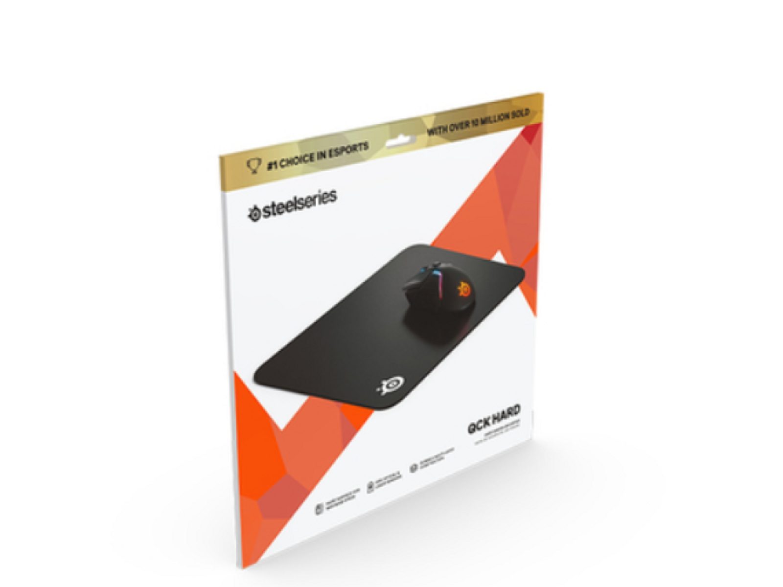 Alfombrilla SteelSeries con un ratón. El embalaje es blanco, naranja y negro.
